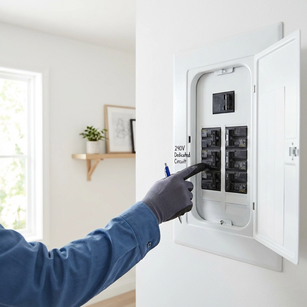 Modern Maine home electrical panel with dedicated 240-volt circuit highlighted for EV charger installation.