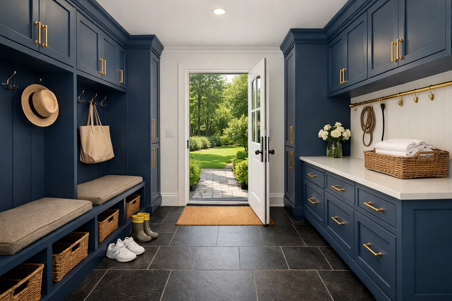 An organized mudroom in a Massachusetts estate showcasing efficient weekly house cleaning results.