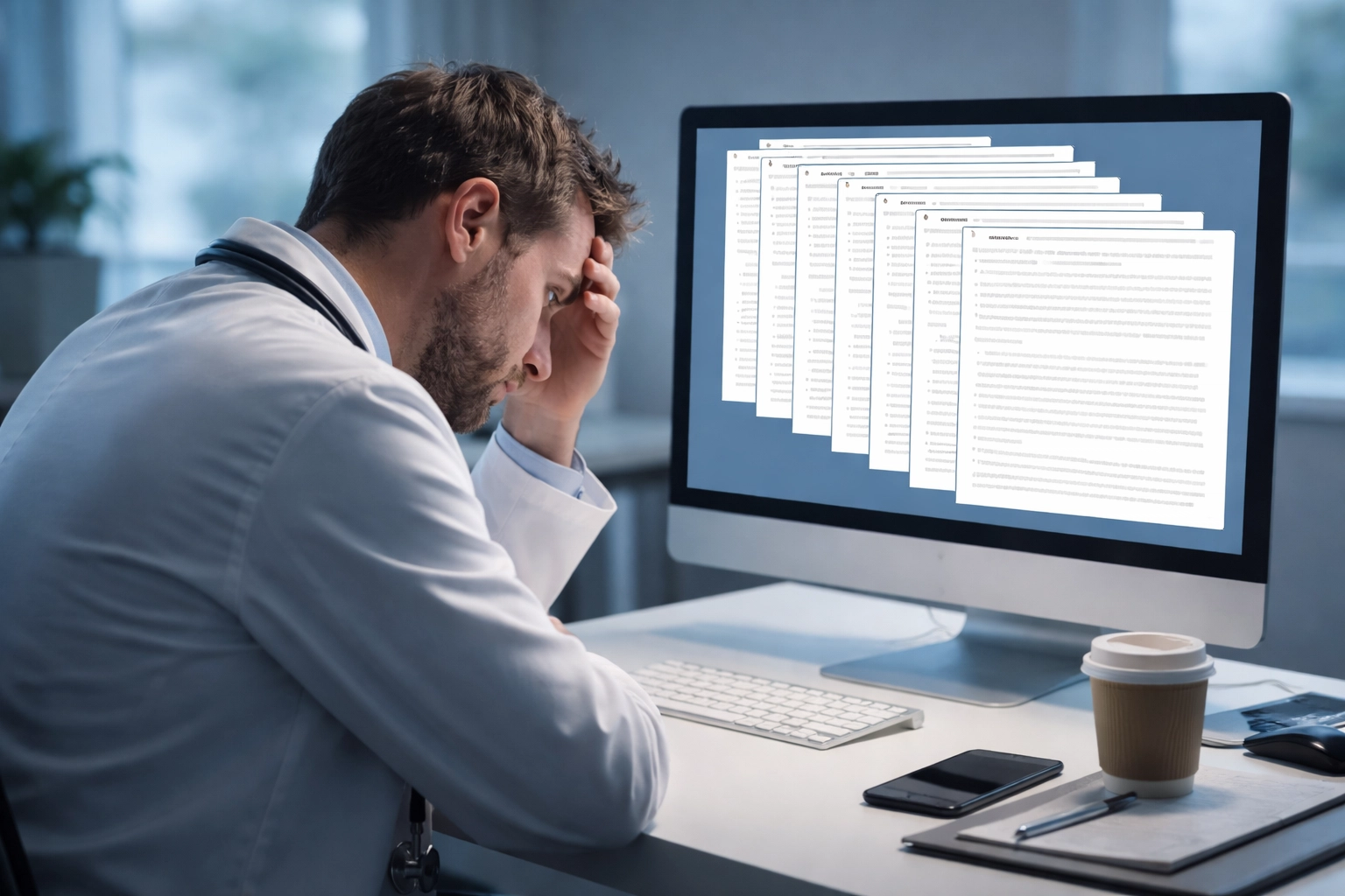 Frustrated clinician reviewing repetitive copy-paste documentation that triggers Medicare compliance issues