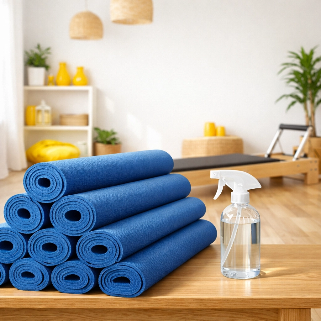 Eco-friendly fitness center cleaning in a boutique yoga studio with sanitized mats and natural cleaners.