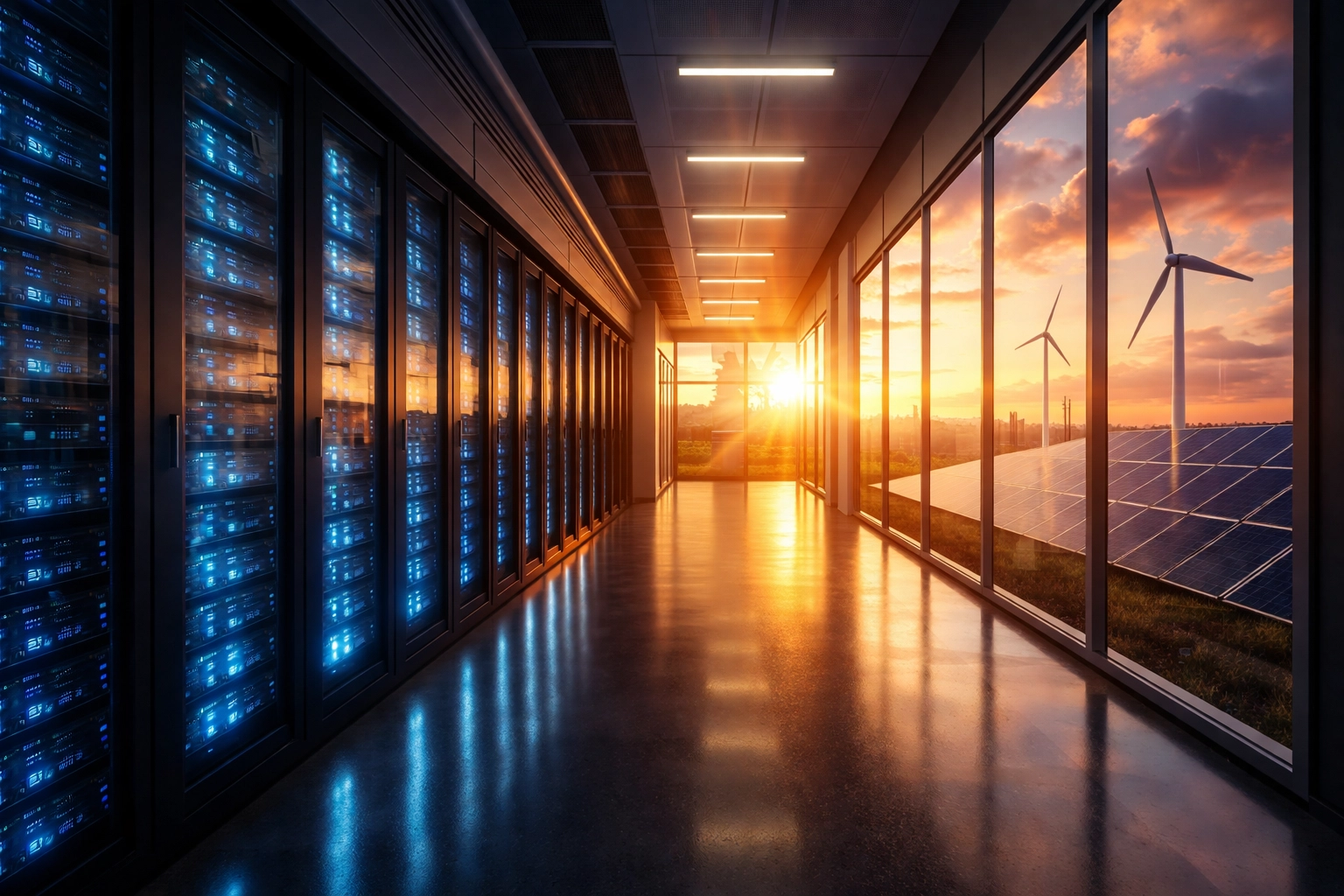 Data center servers and renewable energy sources highlight merging technology, sustainability, and real asset investment themes.