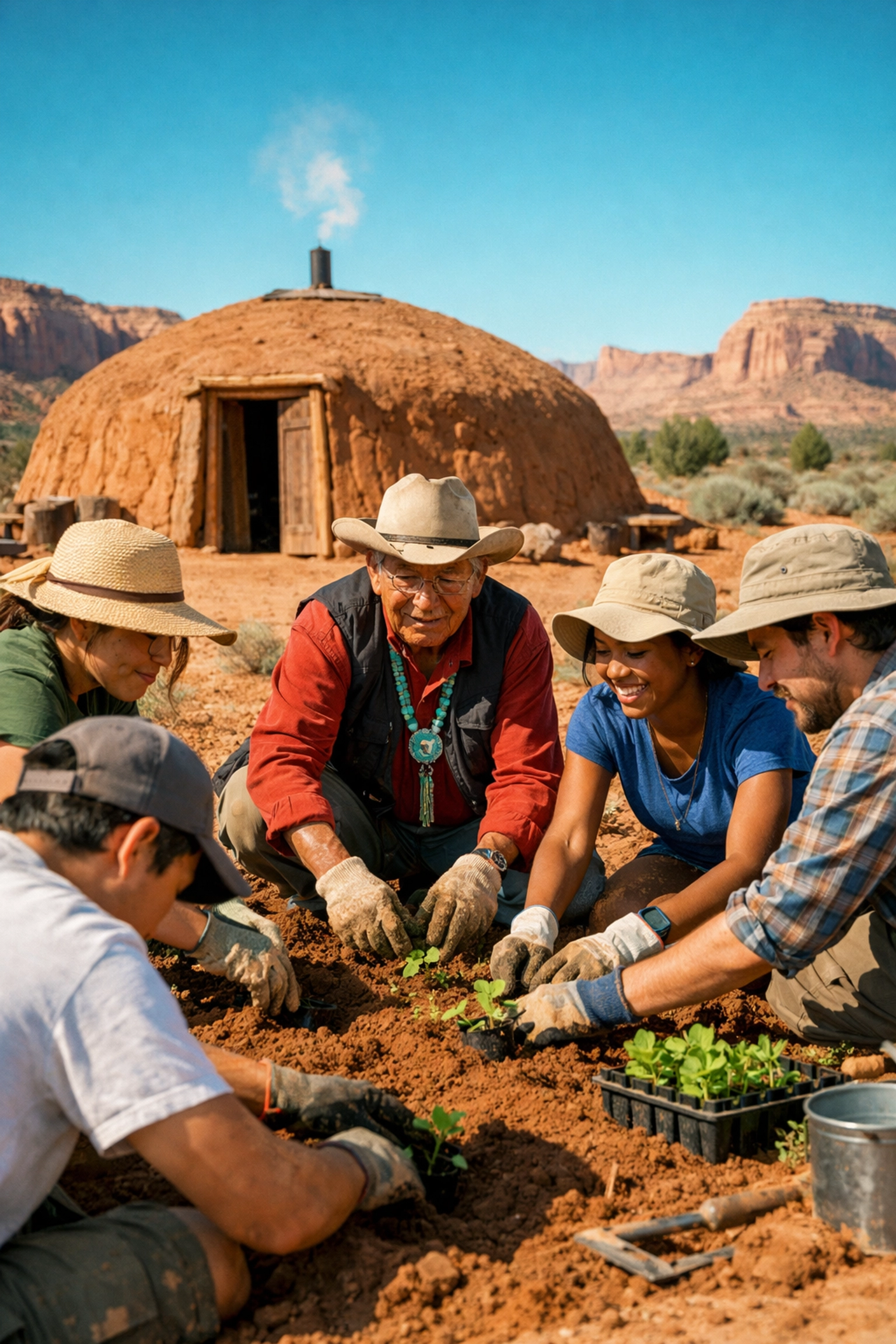 Students participating in a Grand Canyon Navajo service trip through community gardening and cultural exchange.