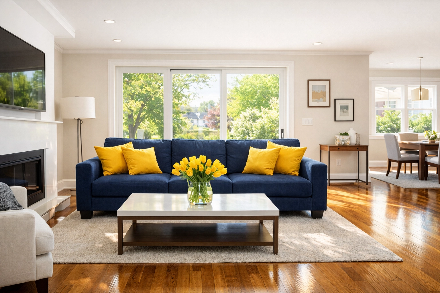 Clean, sun-drenched Worcester living room with polished floors from recurring house cleaning service.