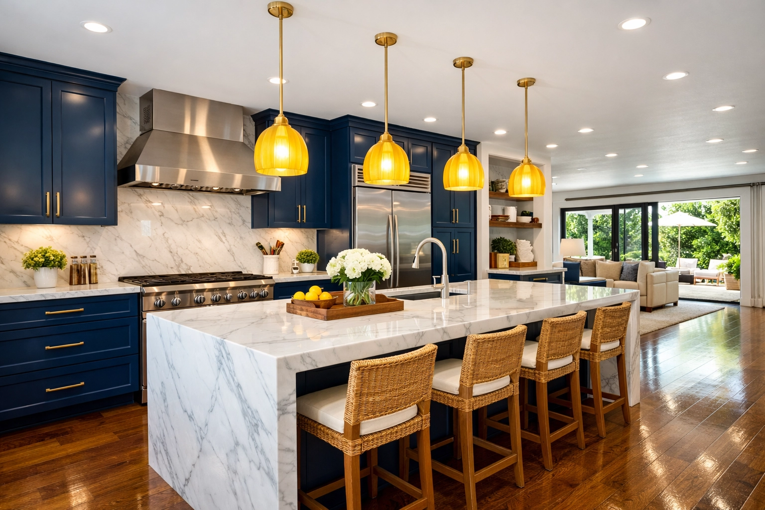 A luxury open-concept kitchen professionally cleaned and restored by The Cleaning Ninjas Inc services.