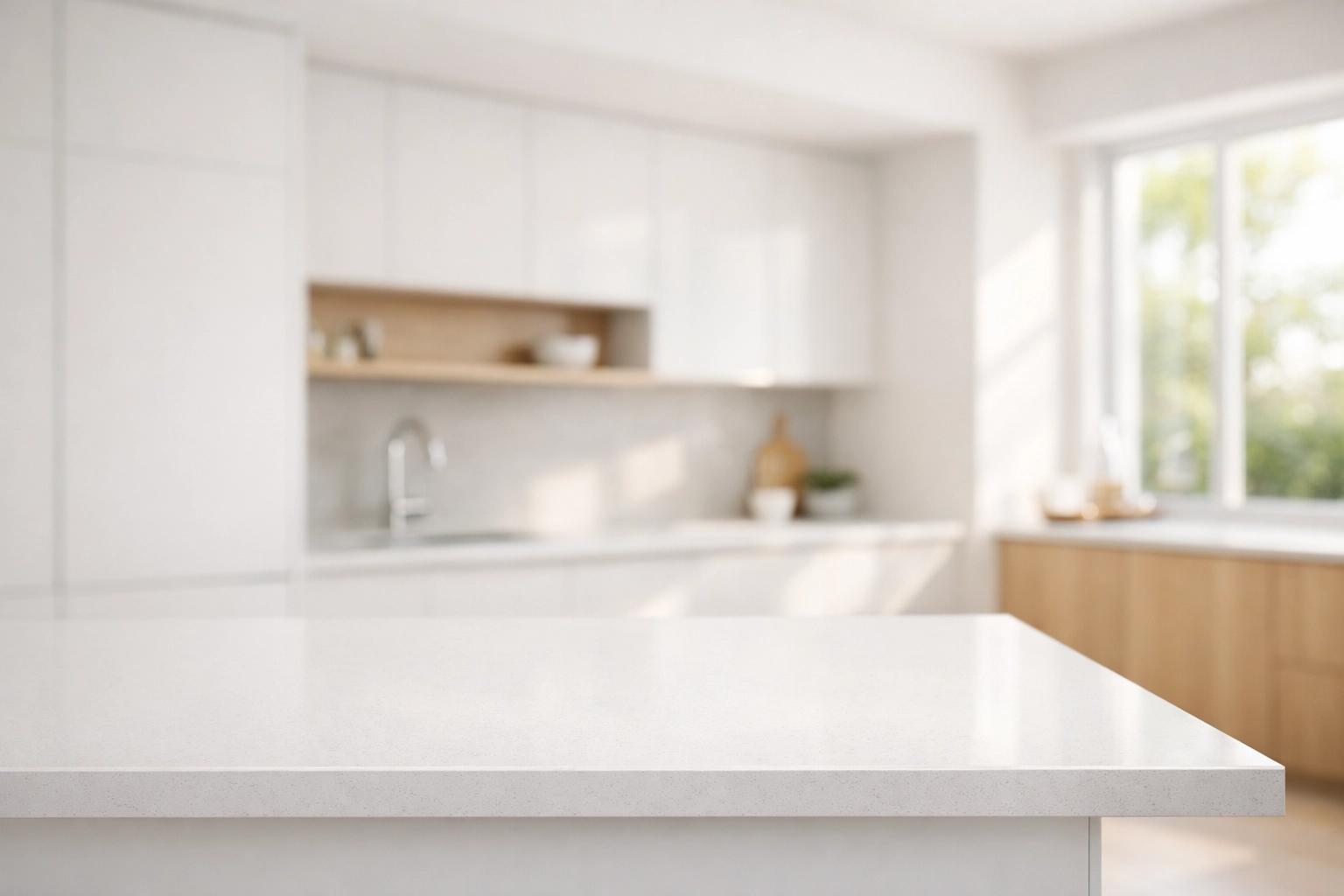 Minimalist Scottsdale kitchen remodel featuring a sleek white quartz island and functional layout design.
