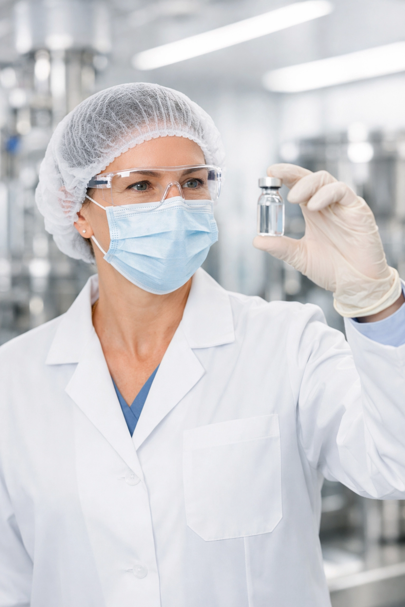 A licensed pharmacist inspecting a vial of compounded semaglutide for medical weight loss.