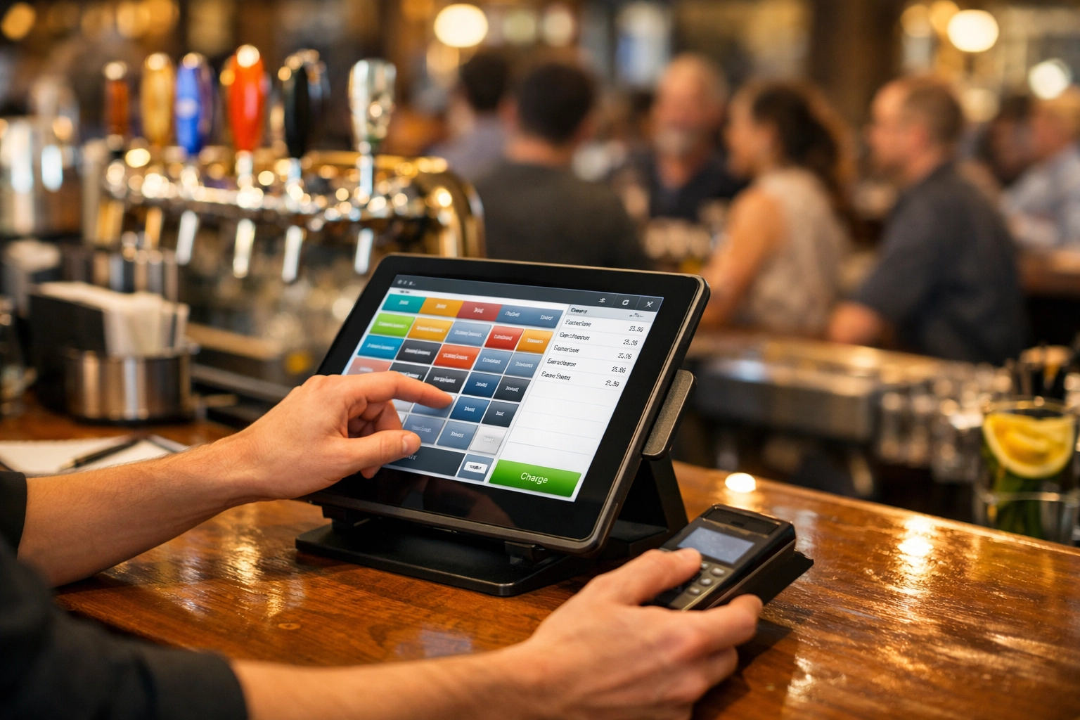 Bartender using tablet POS system at busy pub bar with craft beer taps