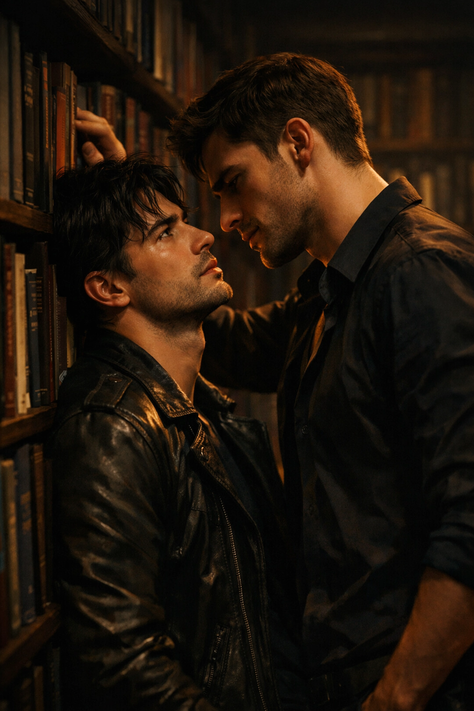 Two men sharing a romantic moment in a library, depicting the enemies to lovers MM romance trope.
