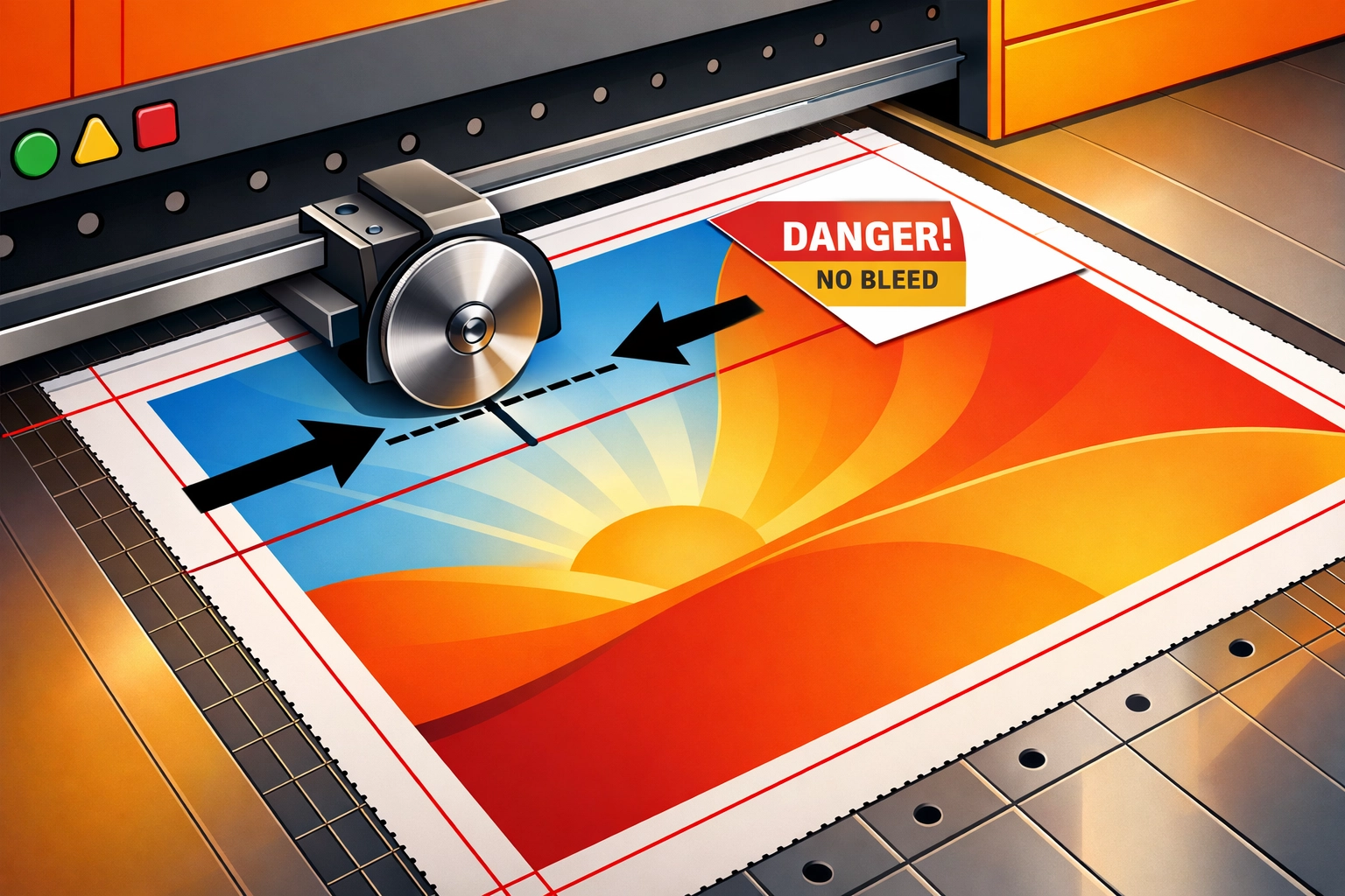 Print bleed guides and trim lines on commercial printing press showing proper file setup