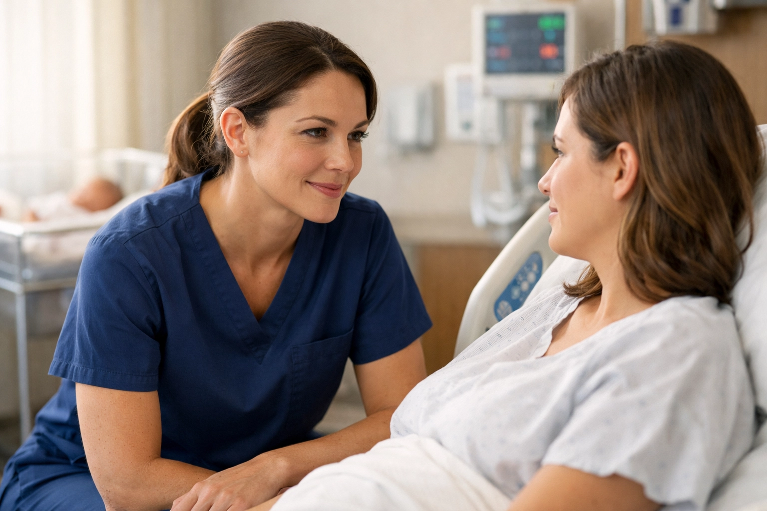Pelvic health therapist providing early rehabilitation to a postpartum patient in a modern maternity hospital suite.