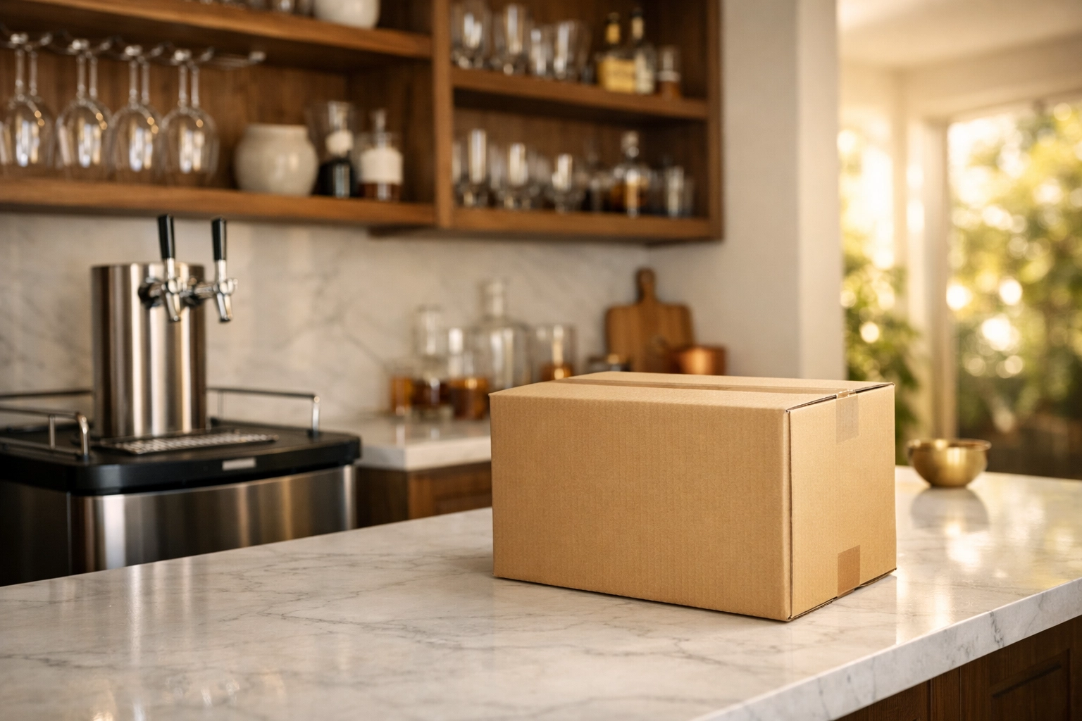 Premium home bar setup with a new kegerator delivery vibe—curated luxury, coming soon