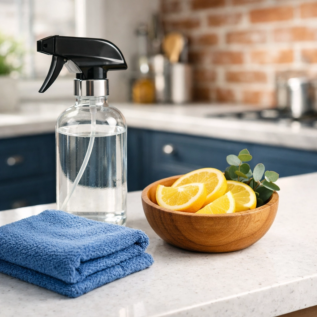 Eco-friendly cleaning supplies and microfiber cloth for green cleaning services Lowell MA in a modern kitchen.