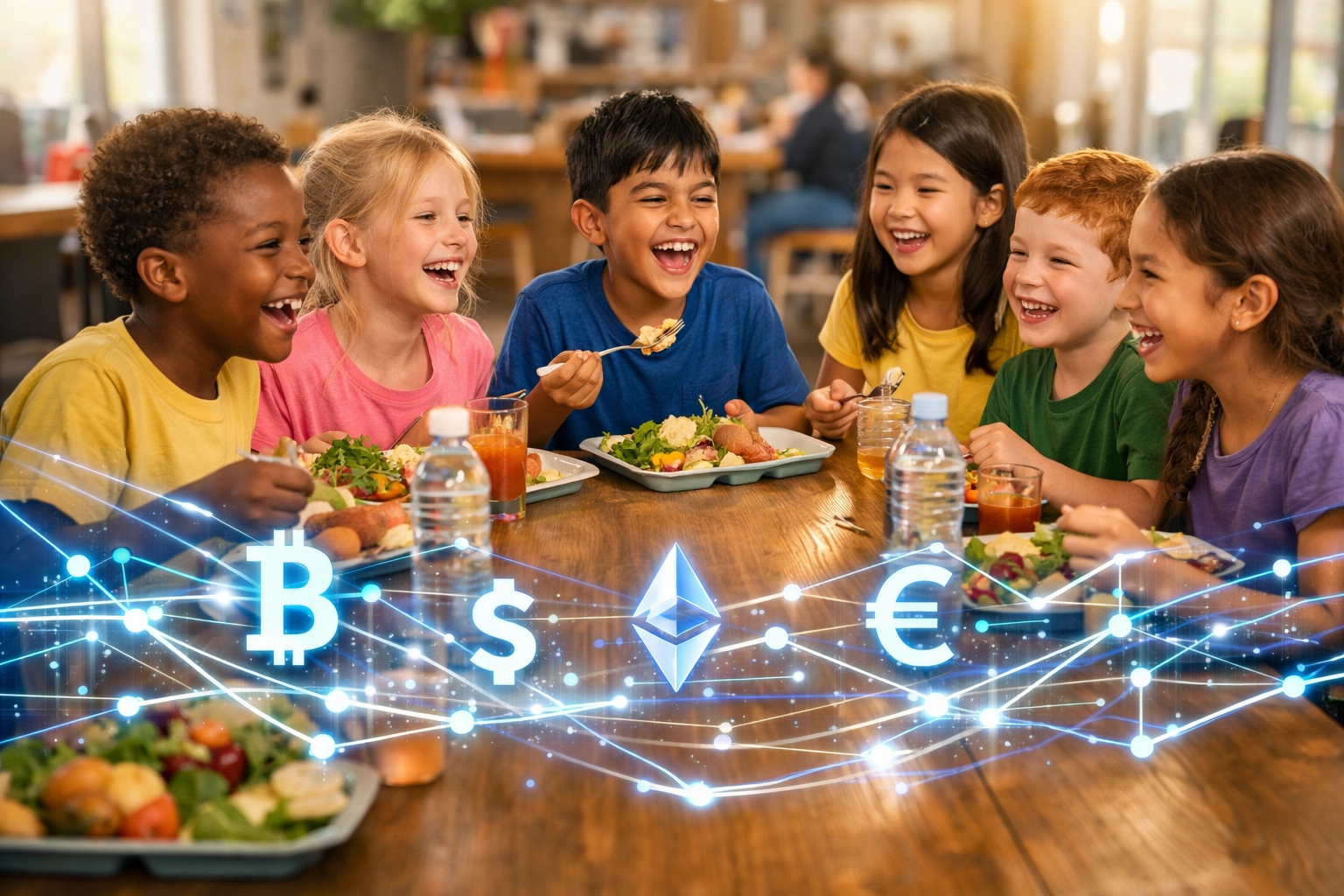 Children enjoying meals funded by Larecoin crypto transactions and blockchain social impact tax