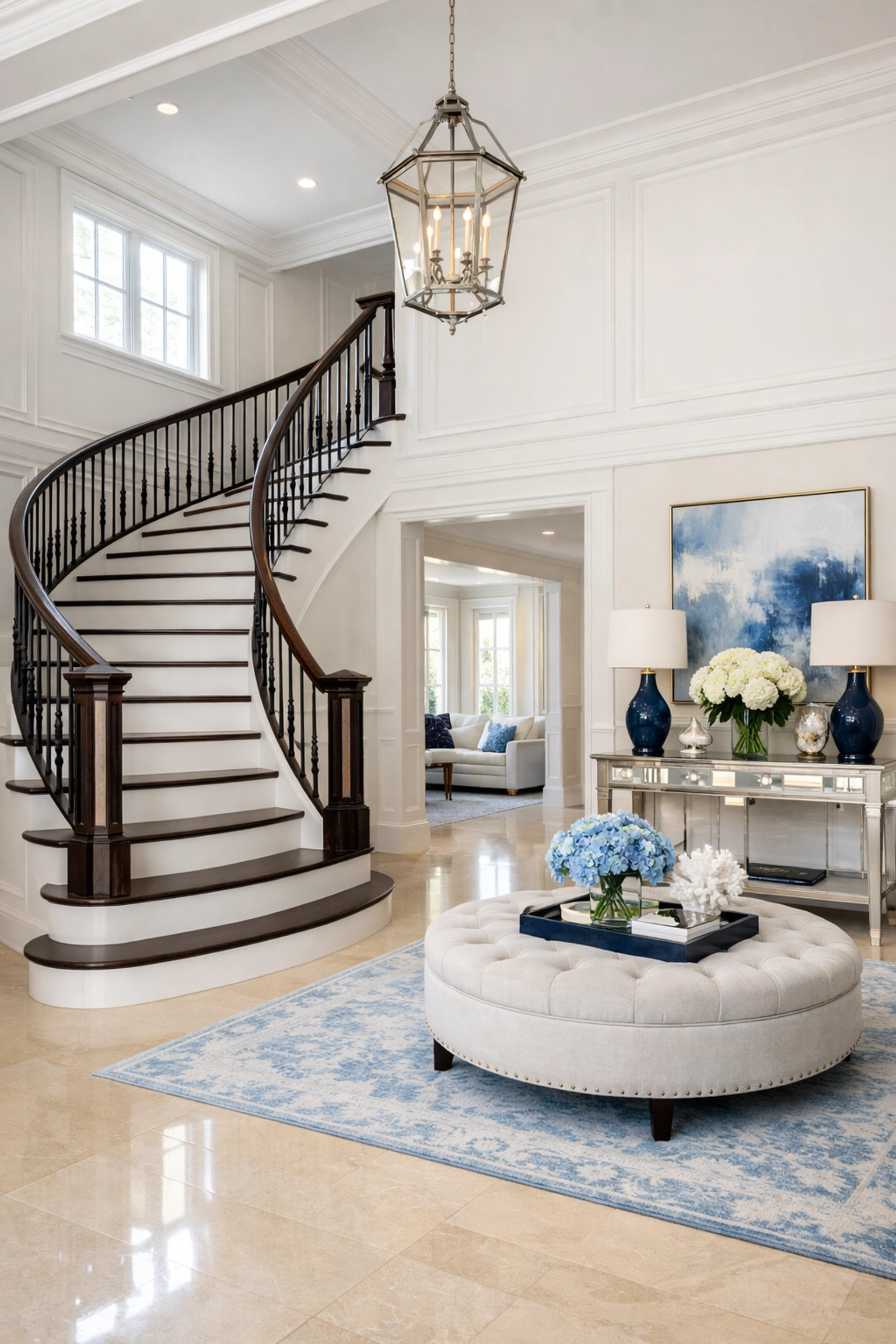 Luxury house cleaning in a Weston estate foyer with polished limestone floors and grand staircase.