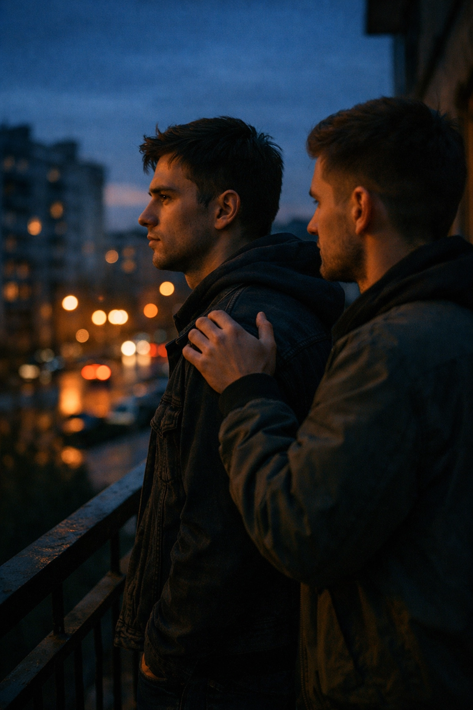 Supportive gay men in an Eastern European city, representing community resilience during the HIV crisis.