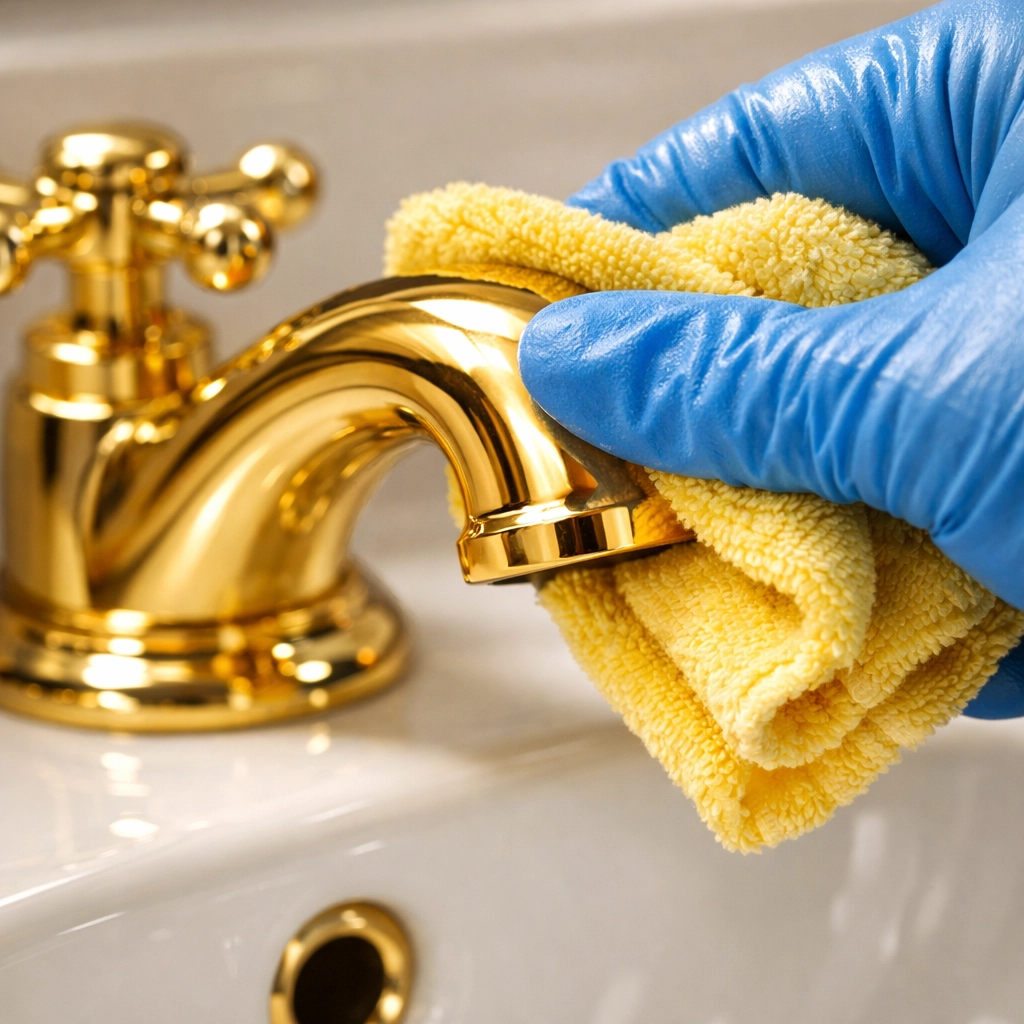 Detail-oriented house cleaning Waltham MA professional polishing a luxury gold bathroom faucet to a shine.