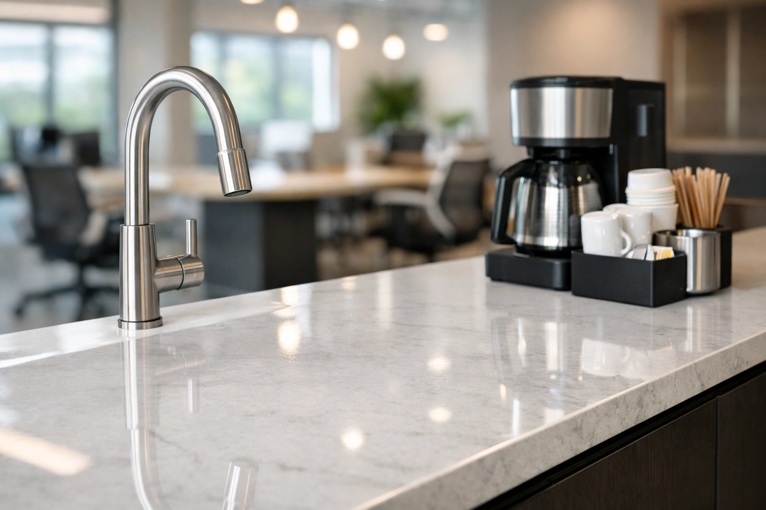 Streak-free quartz office breakroom counter demonstrating reliable recurring cleaning standards in a modern workspace.