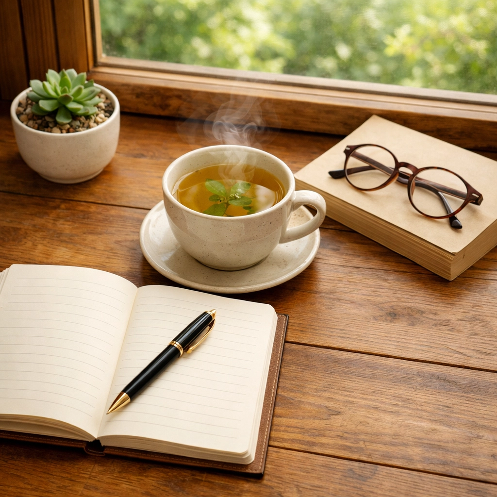 Mindful lunch break setup with journal, tea, and book as alternatives to phone scrolling