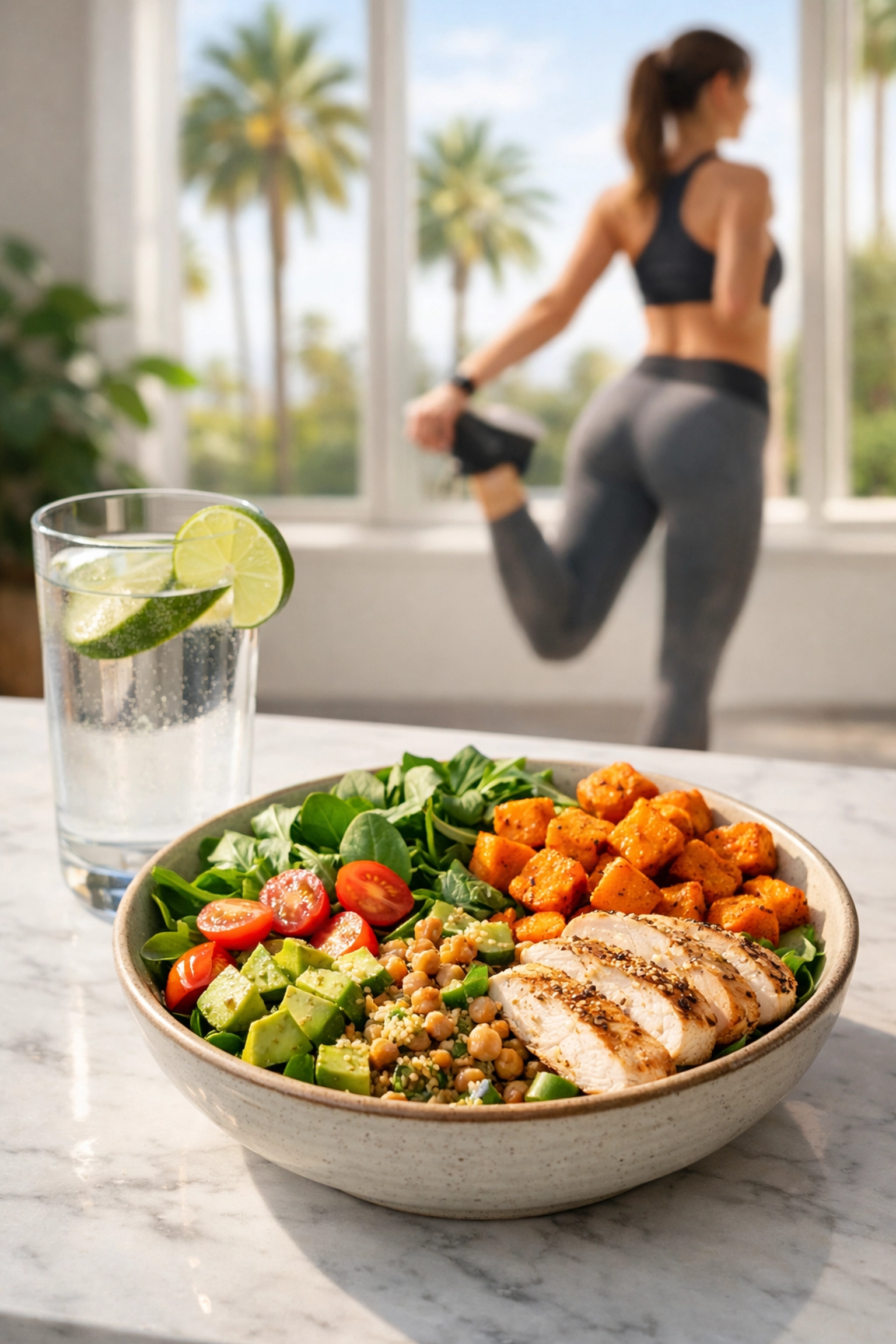 A healthy meal and glass of water illustrating lifestyle habits for medical weight loss success in California.