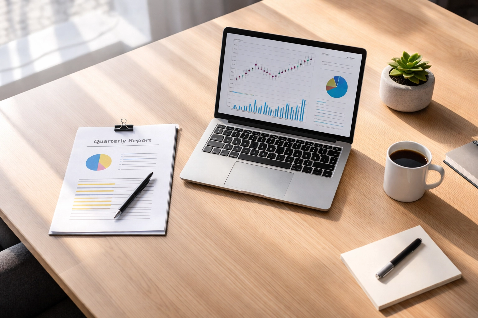 Organized workspace with financial reports and laptop, symbolizing effective quarterly business review