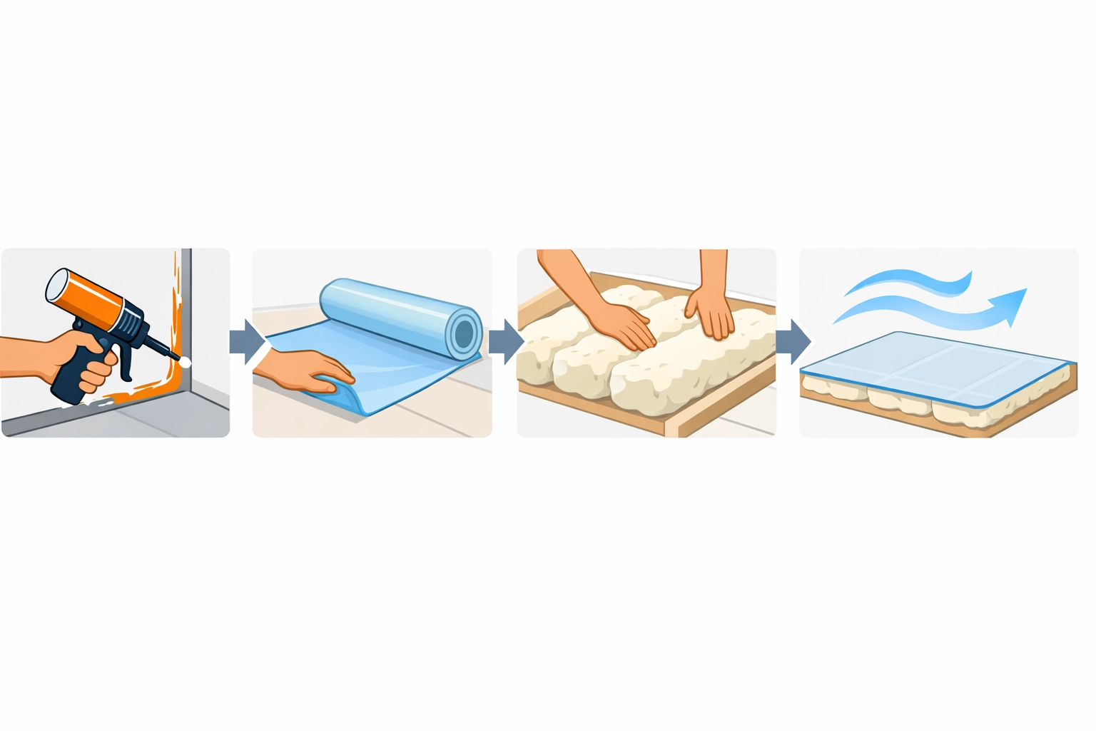 Step-by-step loft insulation process with air sealing, vapor barrier, and mineral wool installation