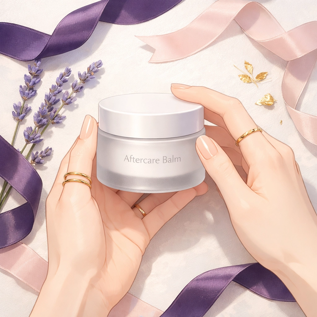 Luxury permanent makeup aftercare ointment held in hands, essential for proper nano brows healing.