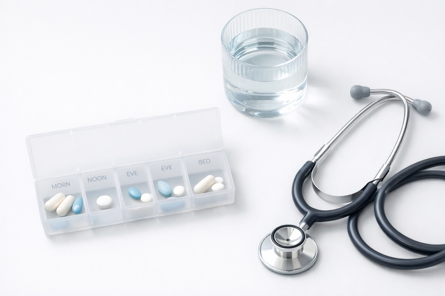 Clinical pill organizer and stethoscope for medically supervised weight loss programs.