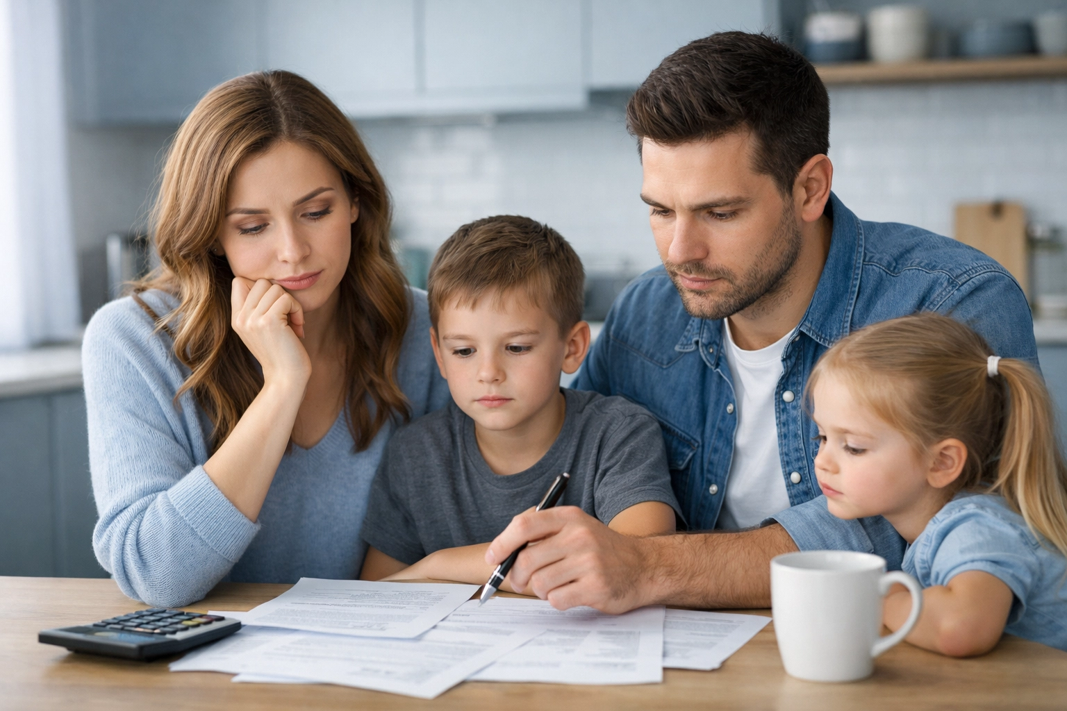 Family reviewing life insurance policy options together at kitchen table