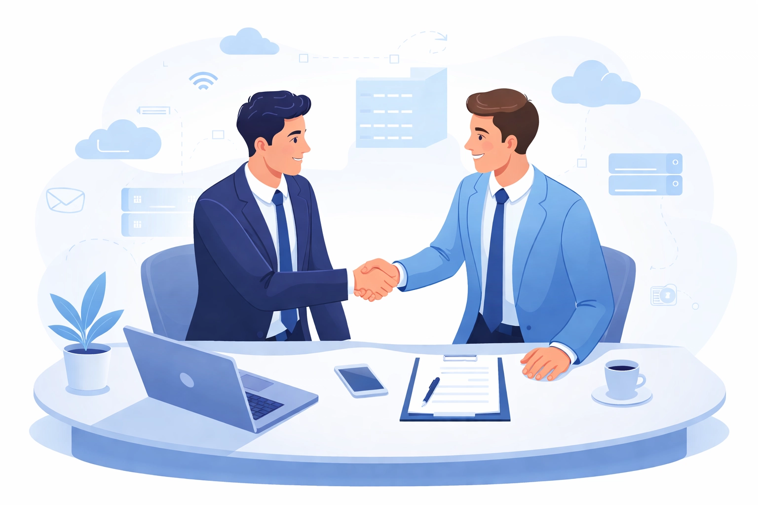 Two business professionals shaking hands at a desk, symbolizing trust in outsourced IT partnerships for business growth.
