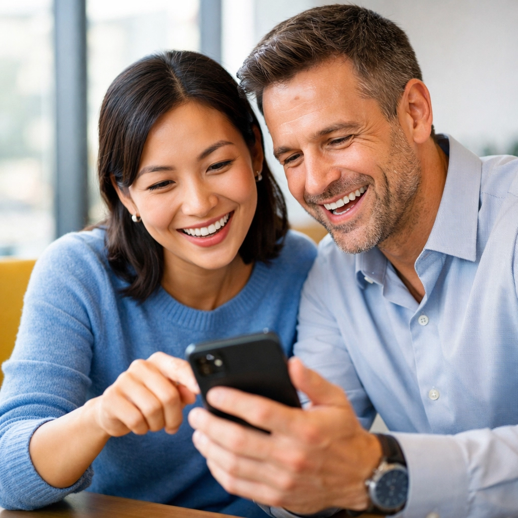 Team viewing a donor impact story on a mobile phone, showcasing successful nonprofit text message campaigns.