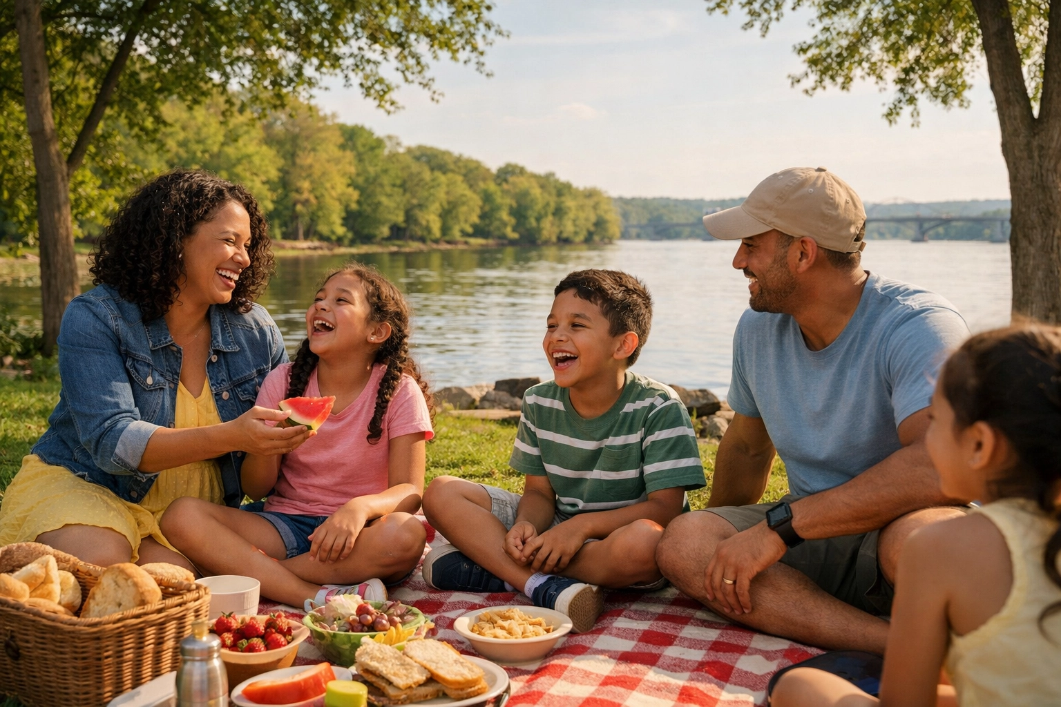 Diverse family enjoying a sunny picnic at a waterfront park in Prince William County near the Potomac River