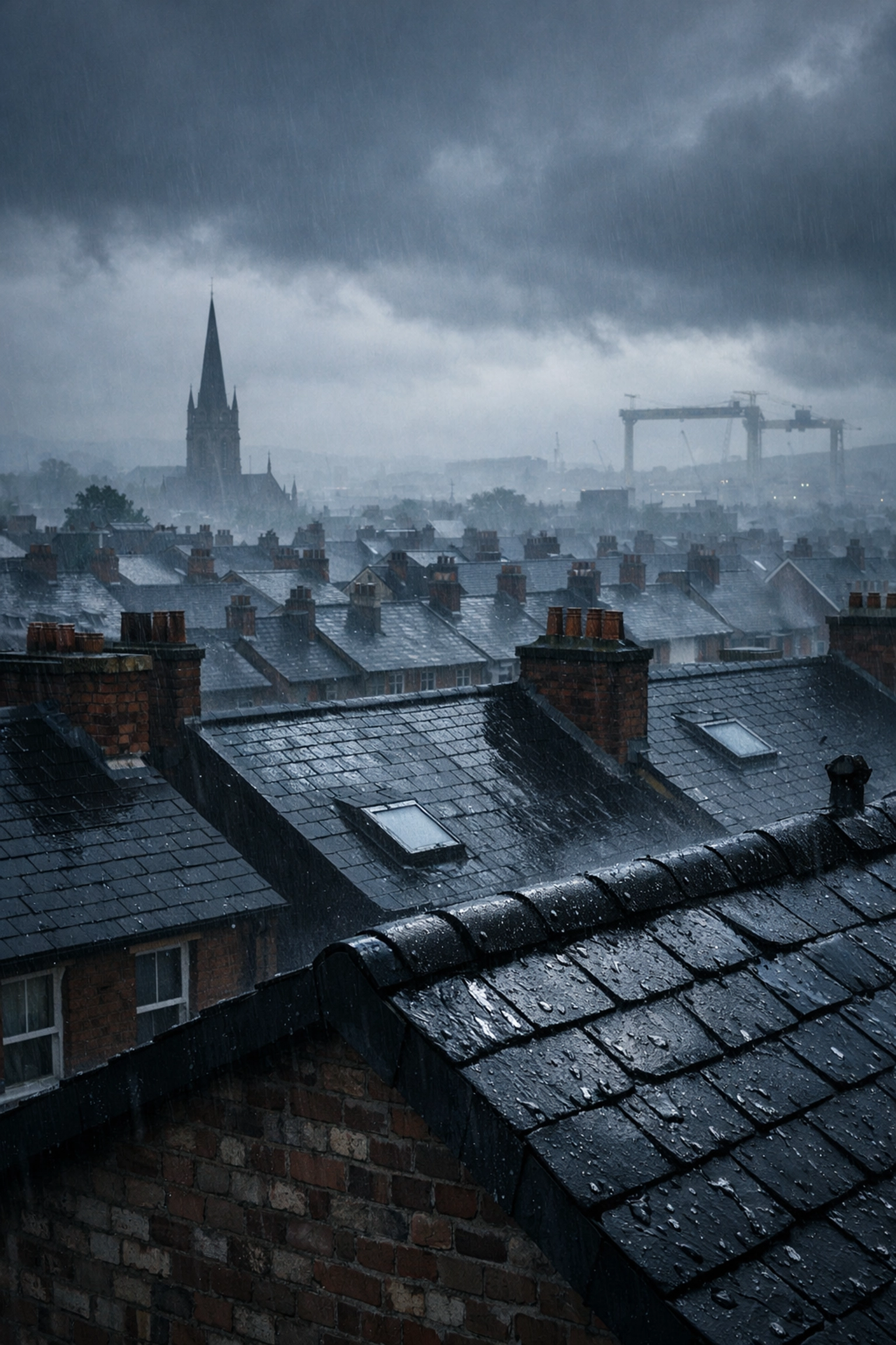 Belfast rooftops with slate tiles in damp weather showing moisture and rain