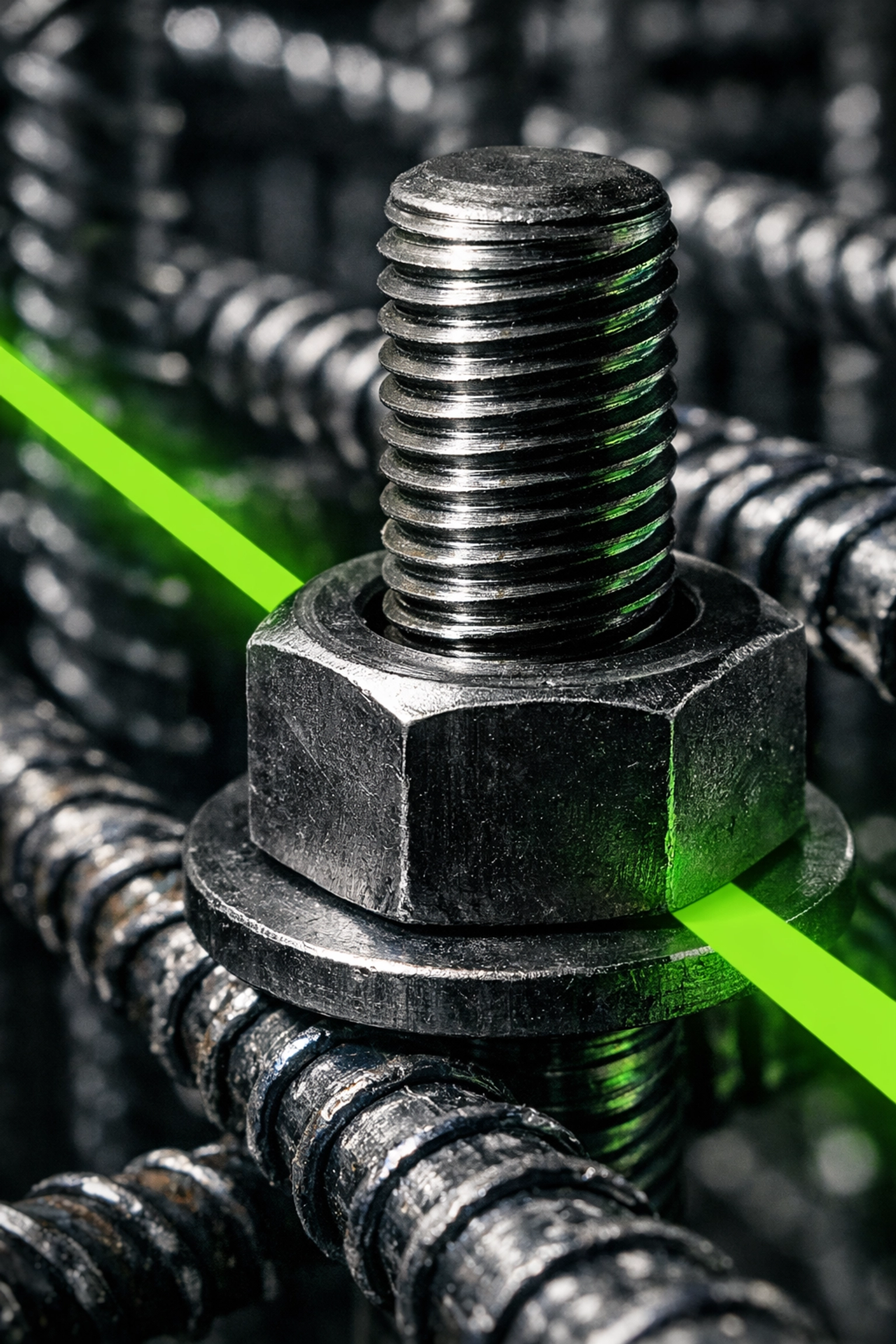 Close-up of a high-strength ASTM F1554 anchor bolt secured within a structural rebar foundation cage.