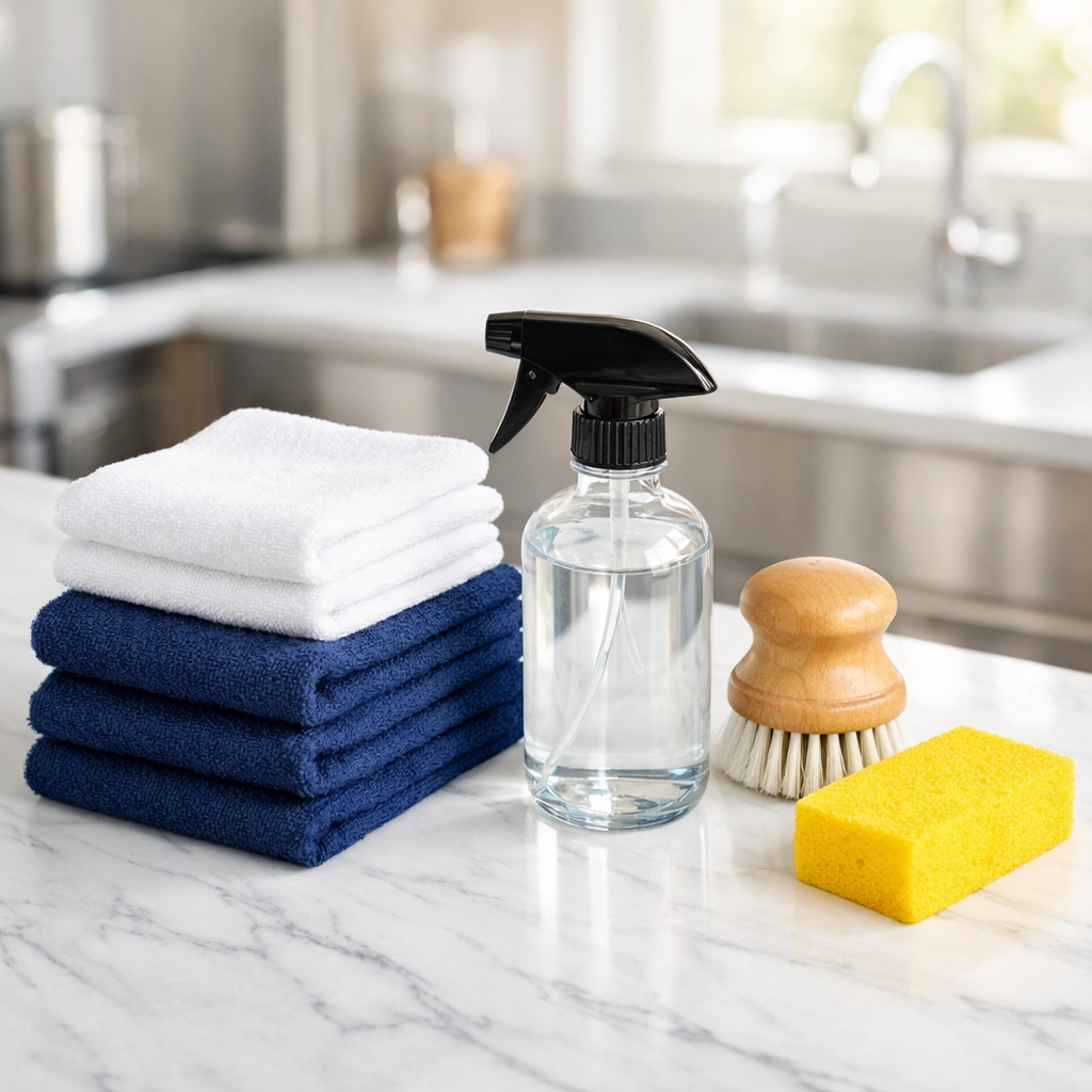 Professional cleaning supplies for deep cleaning MA on a marble countertop in a bright kitchen.