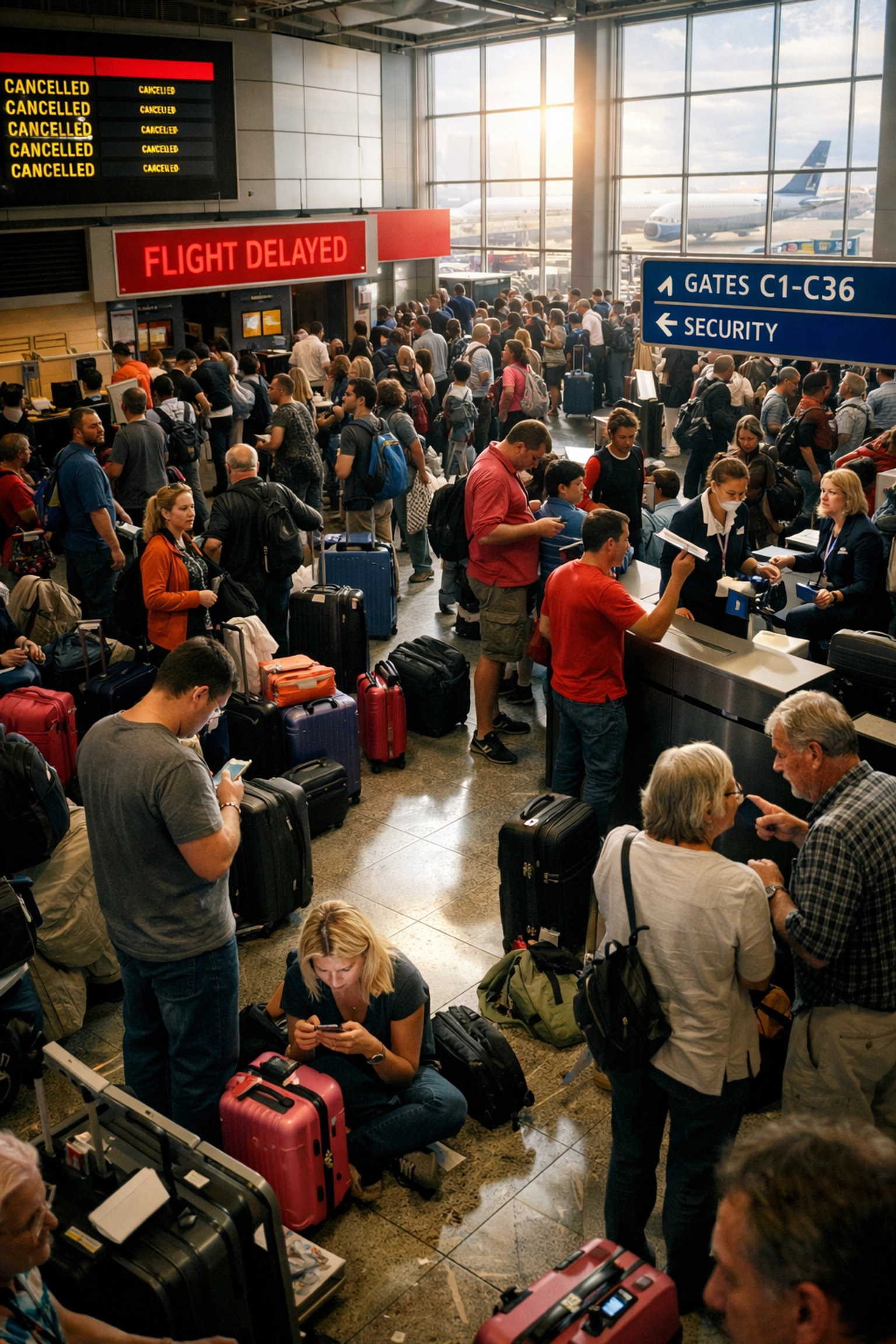 Busy airport terminal during flight disruption with travelers managing delays
