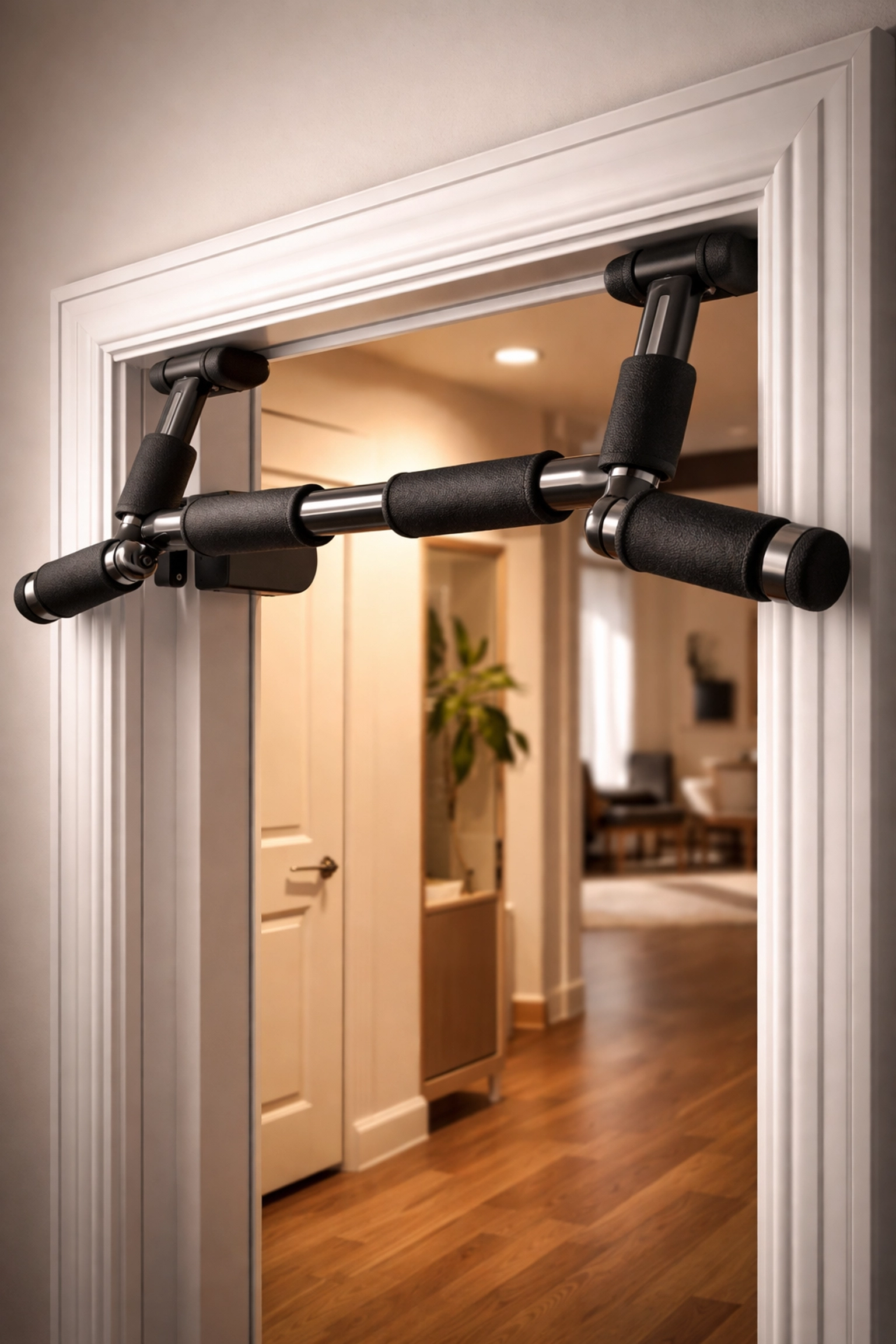 Premium doorway pull-up bar installed safely in a stylish apartment, protecting door frames