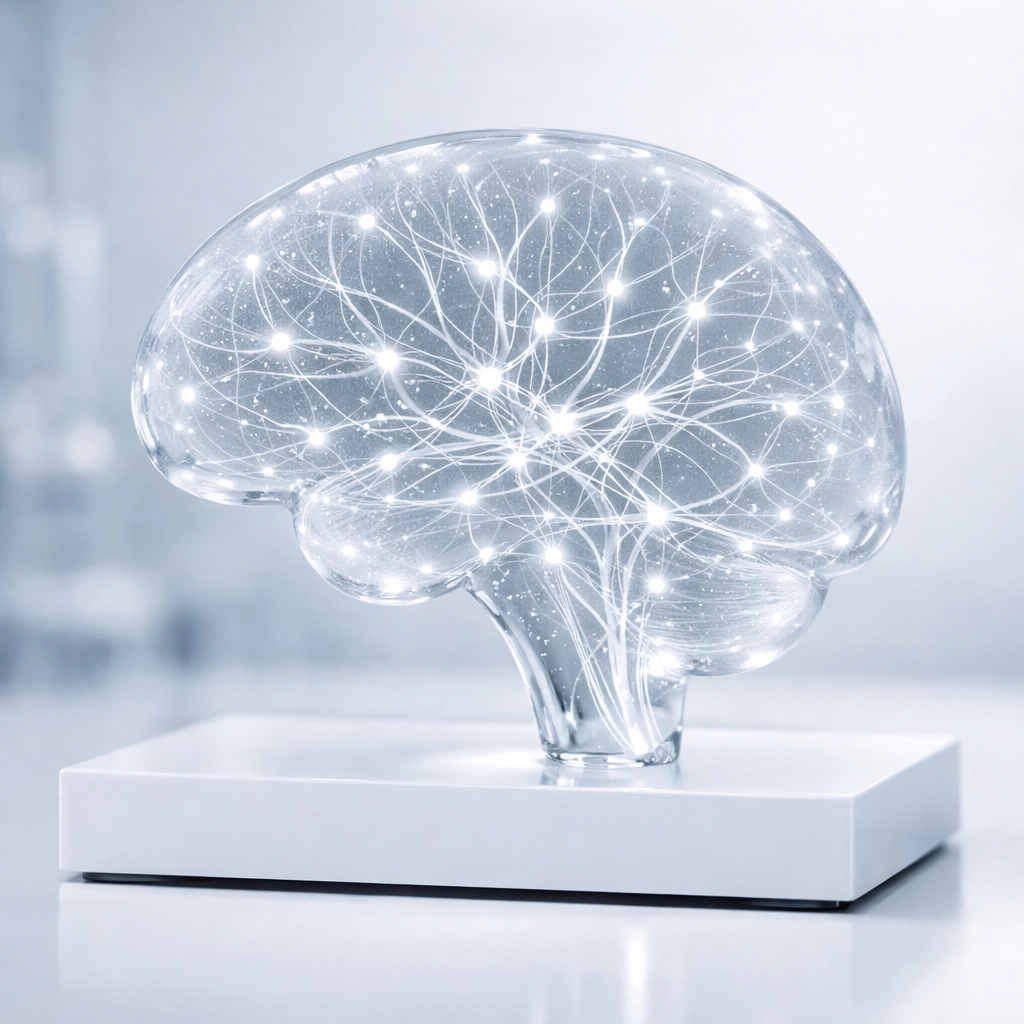 Minimalist neural network sculpture highlighting neuroprotection and brain cell survival signaling.