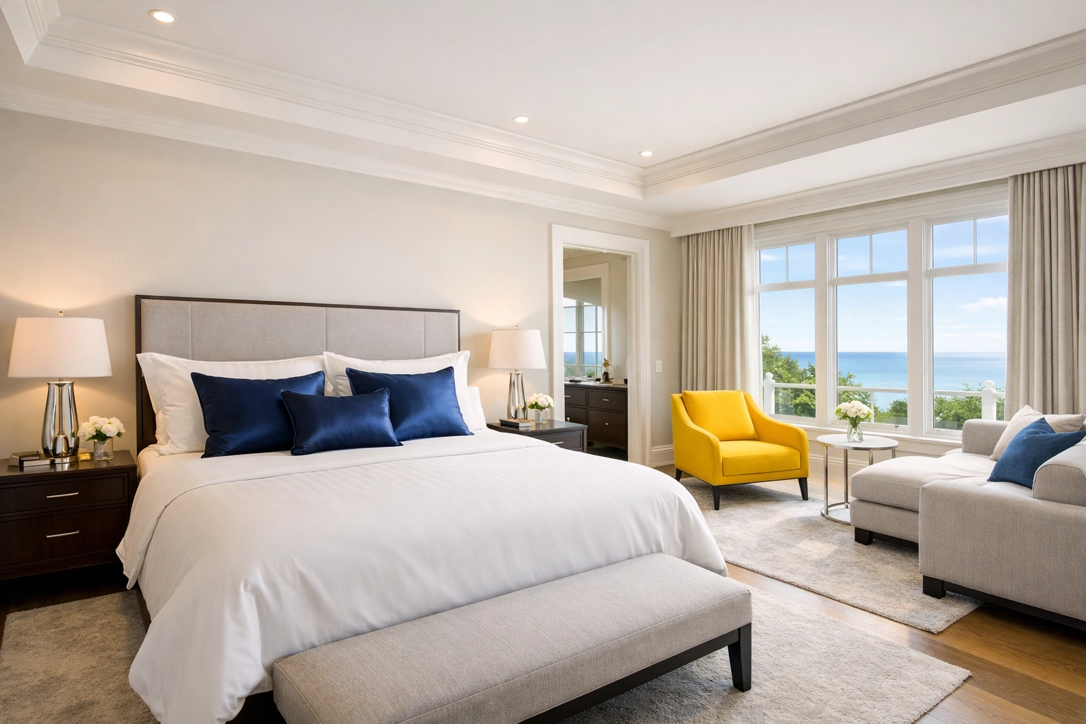 Flawlessly organized master bedroom suite after professional Marblehead luxury house cleaning.