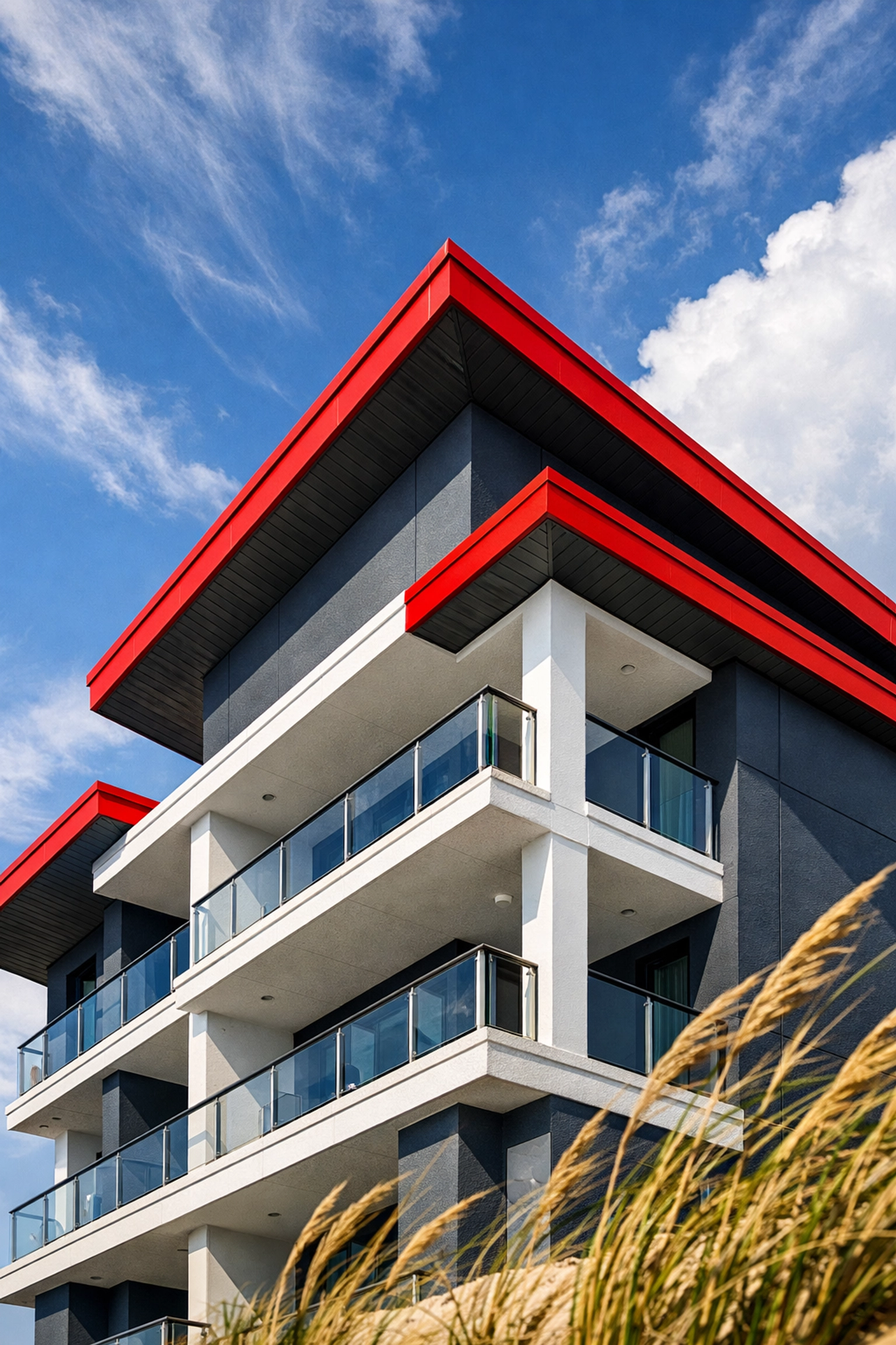 Modern Ocean City condo roof featuring red metal trim and gray shingles, installed to meet high-wind building codes.
