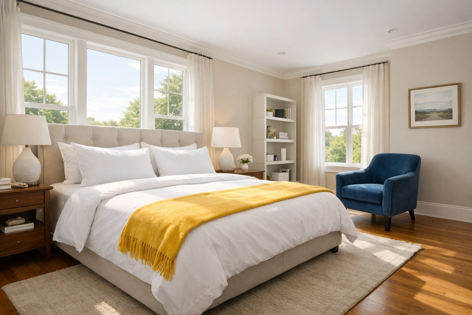 Spotless bedroom illustrating the results of recurring weekly house cleaning Newton MA in a luxury residence.