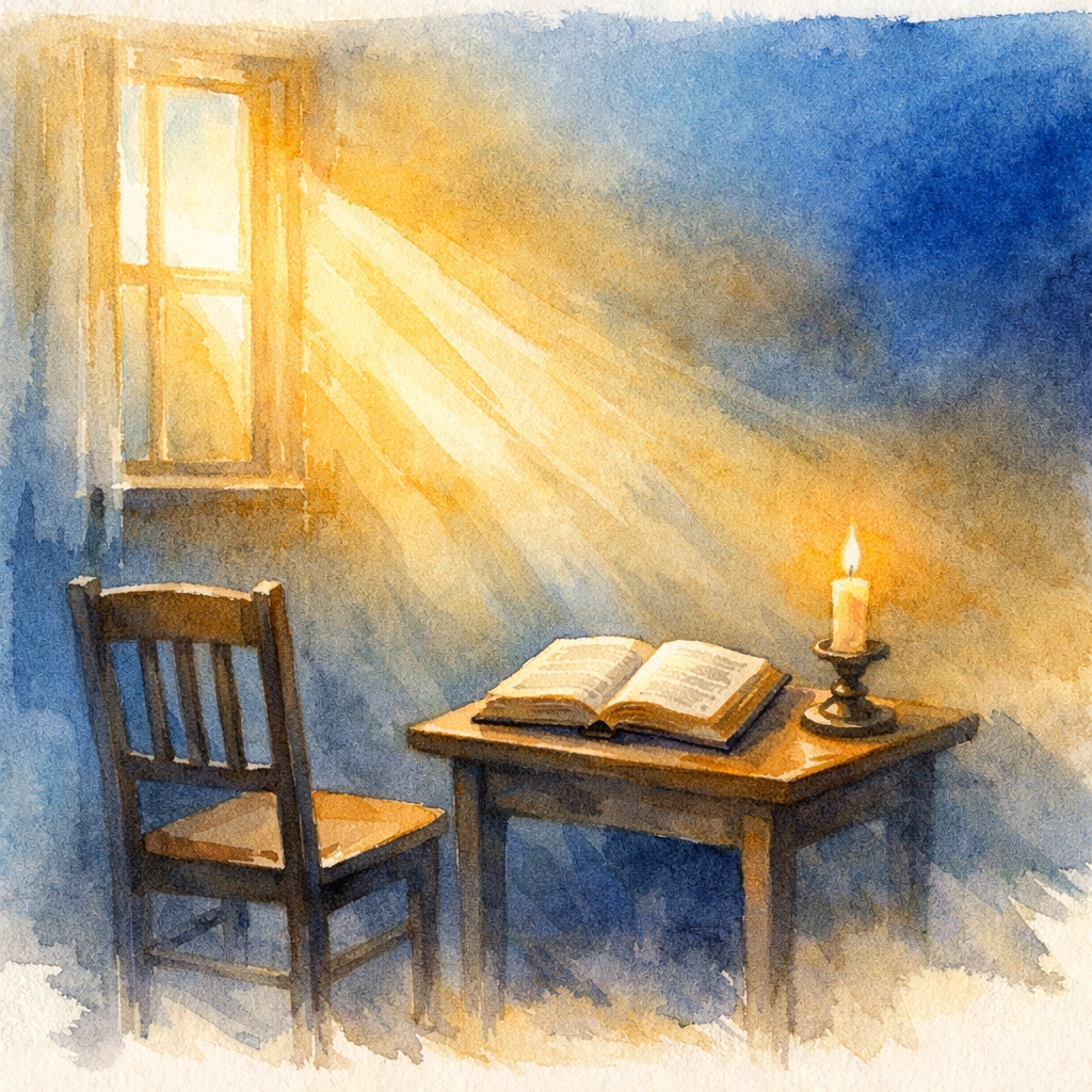 Quiet prayer corner with open Bible and candlelight for finding stillness in Christ