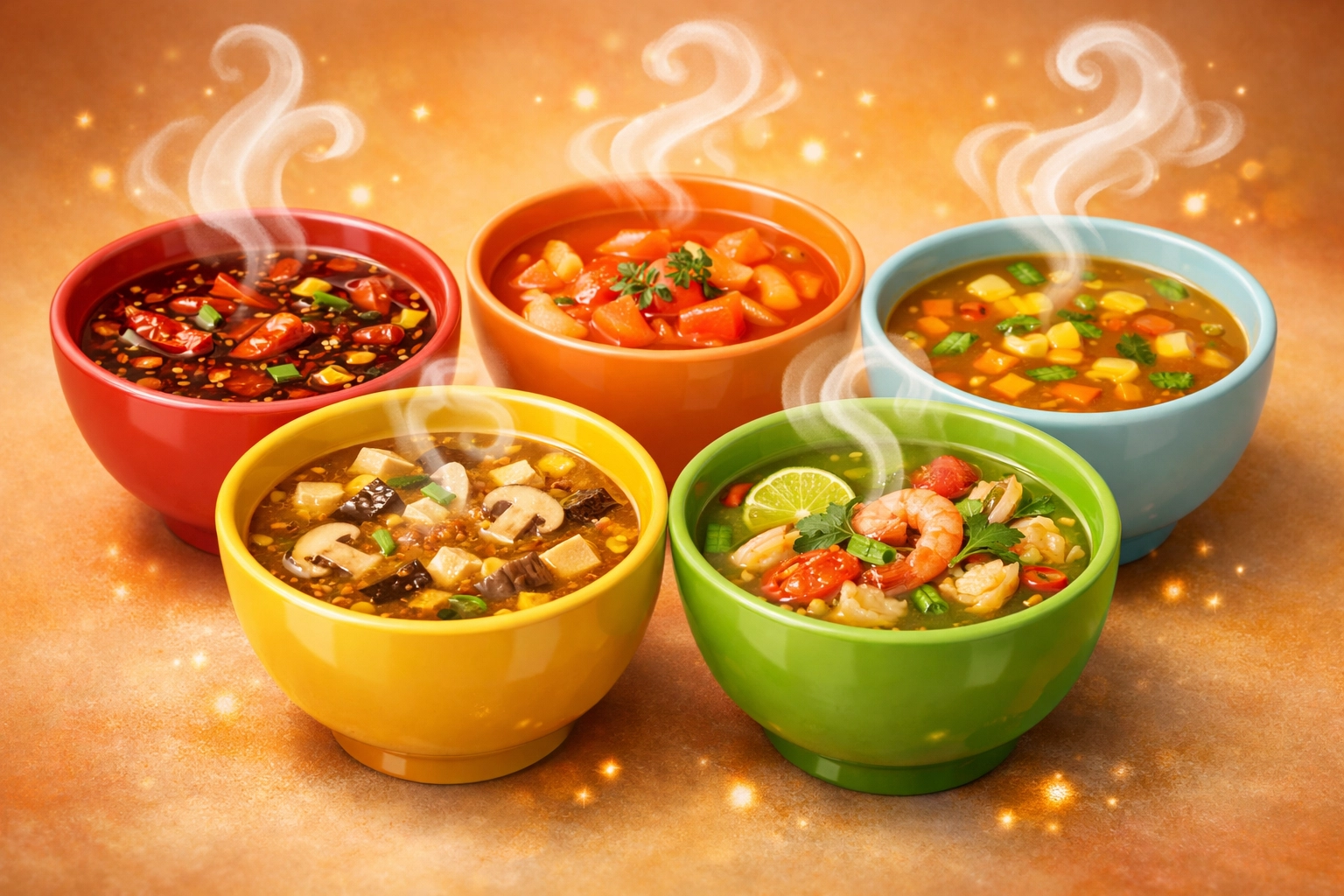 Five malatang soup bases in colorful bowls featuring mala, mushroom, tomato, tom yum, and golden broth options