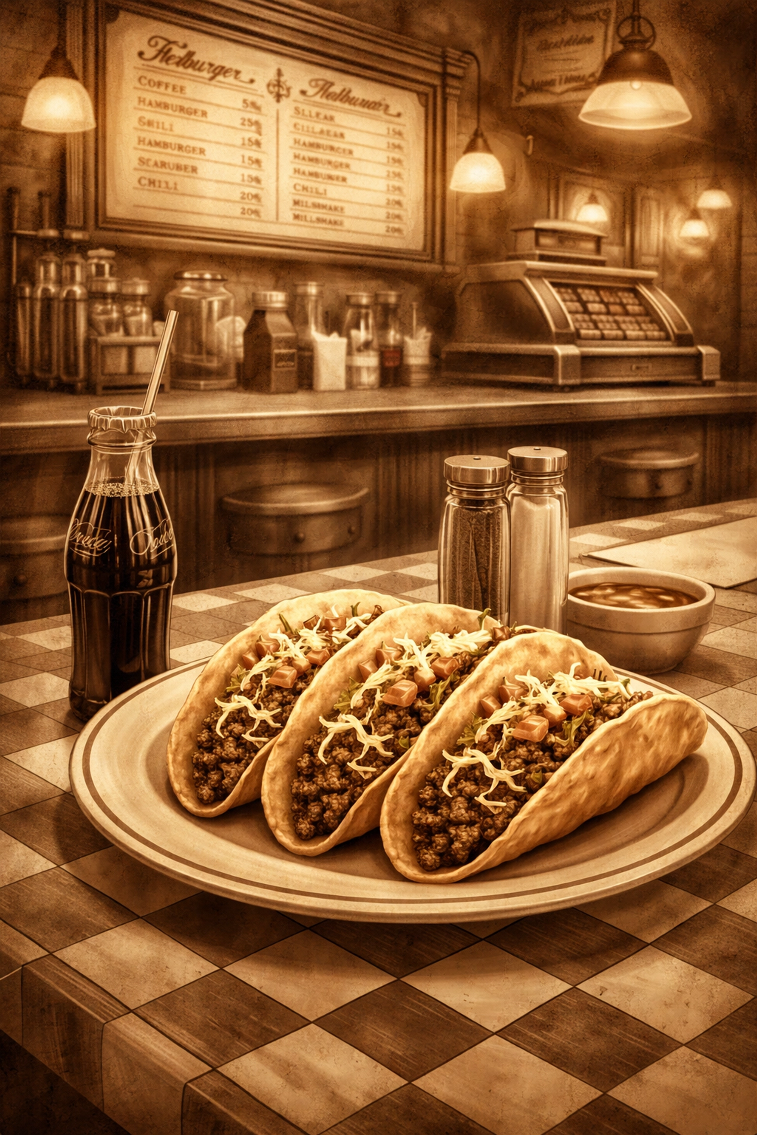 Vintage diner counter with classic tacos highlights the early history of Taco Tuesday traditions.
