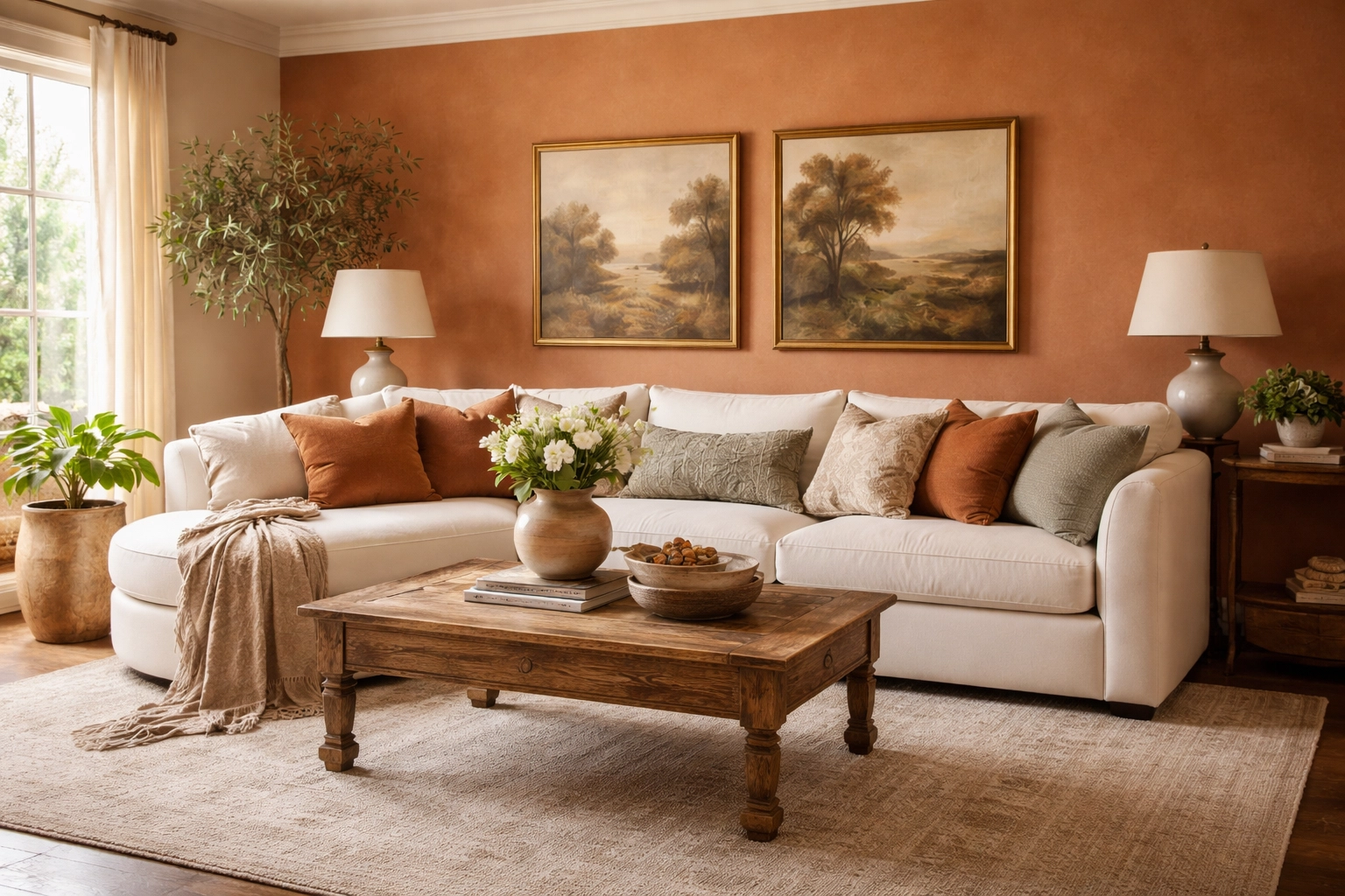 Cozy interior design with warm colors and layered textures for high-value home staging.