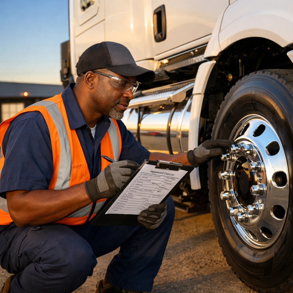 Truck owner-operator conducting vehicle inspection with maintenance checklist