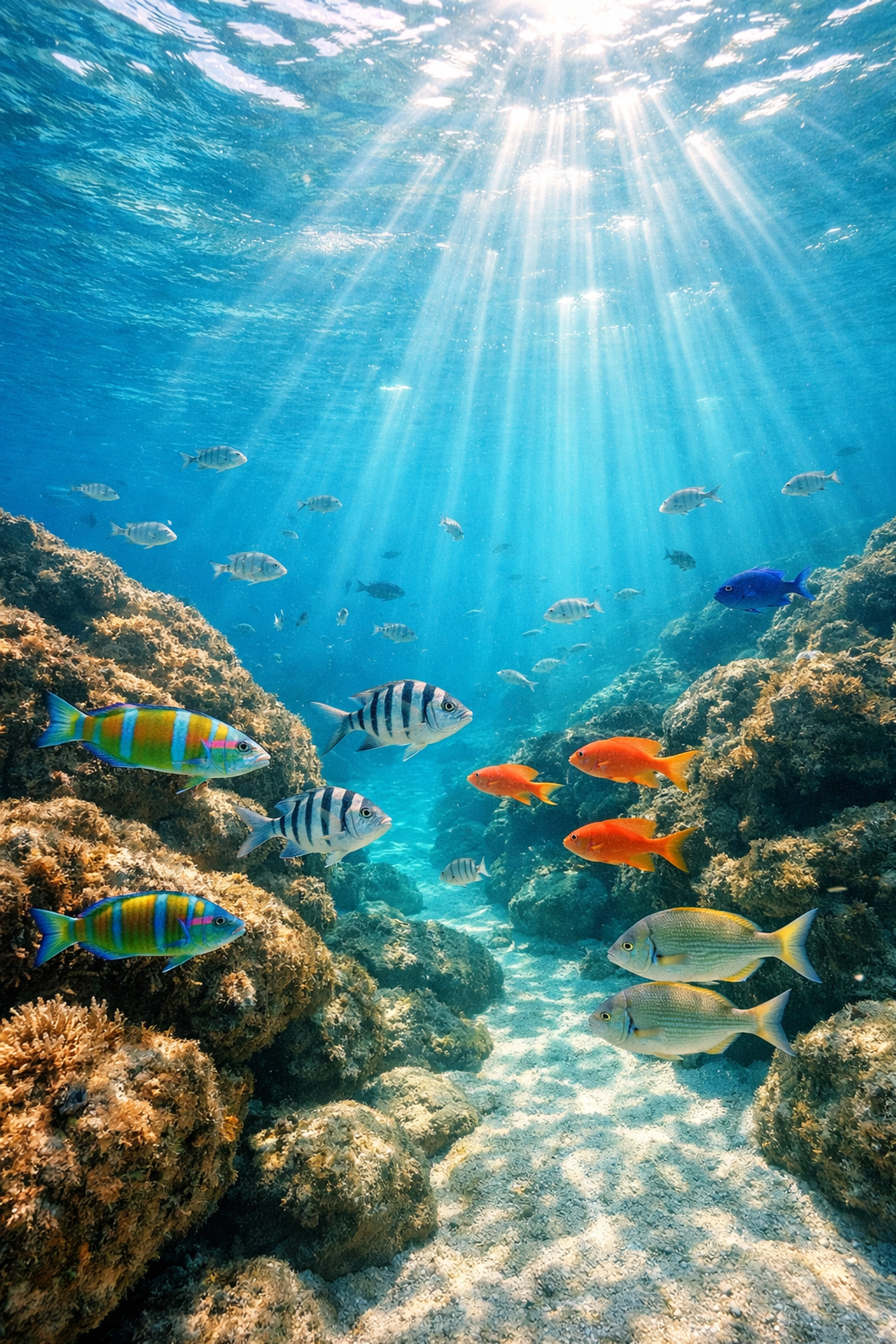 Snorkeling in crystal-clear Sardinian waters with colorful fish and vibrant marine life