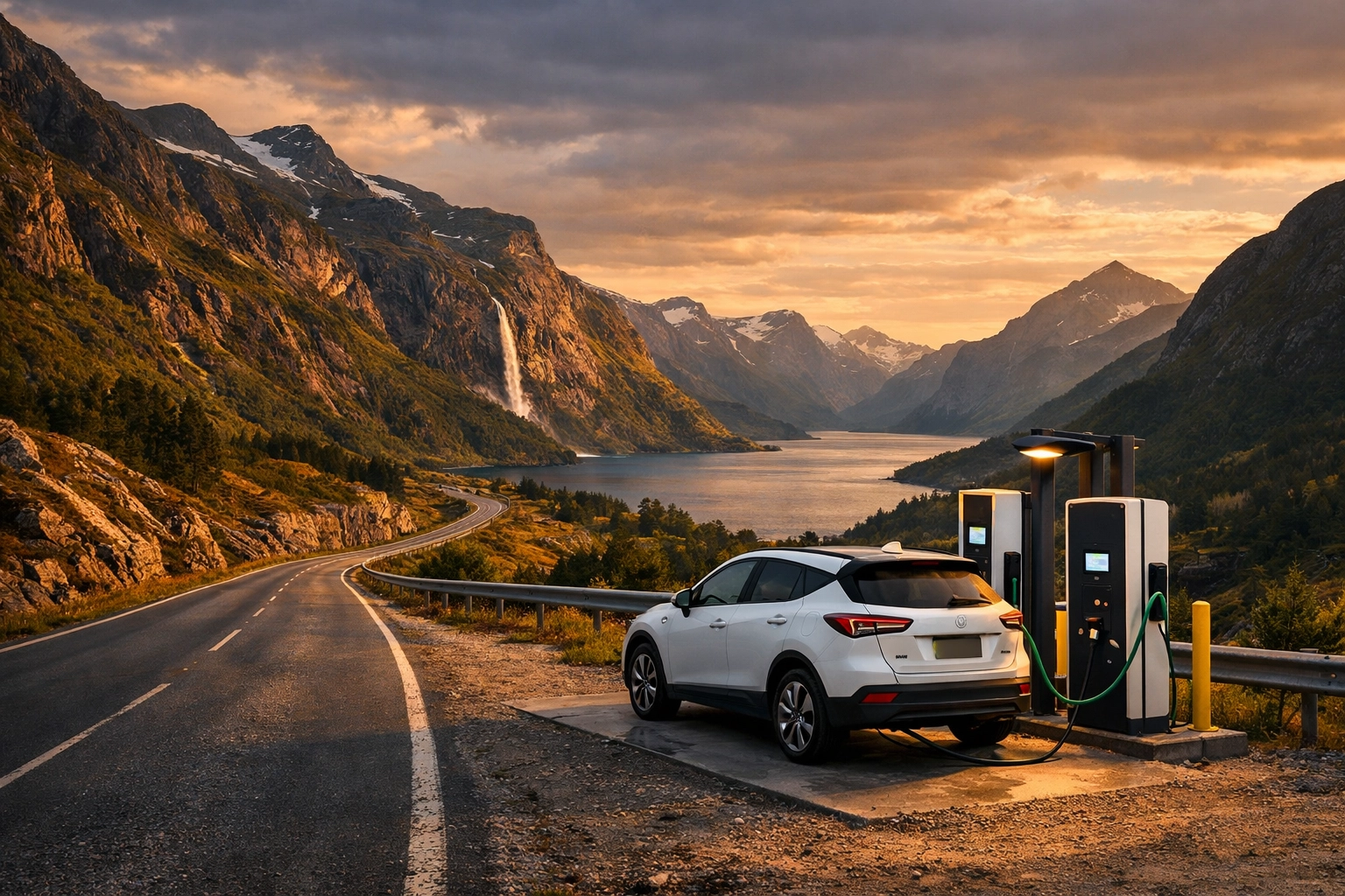 Electric vehicle charging station on remote Norwegian fjord road