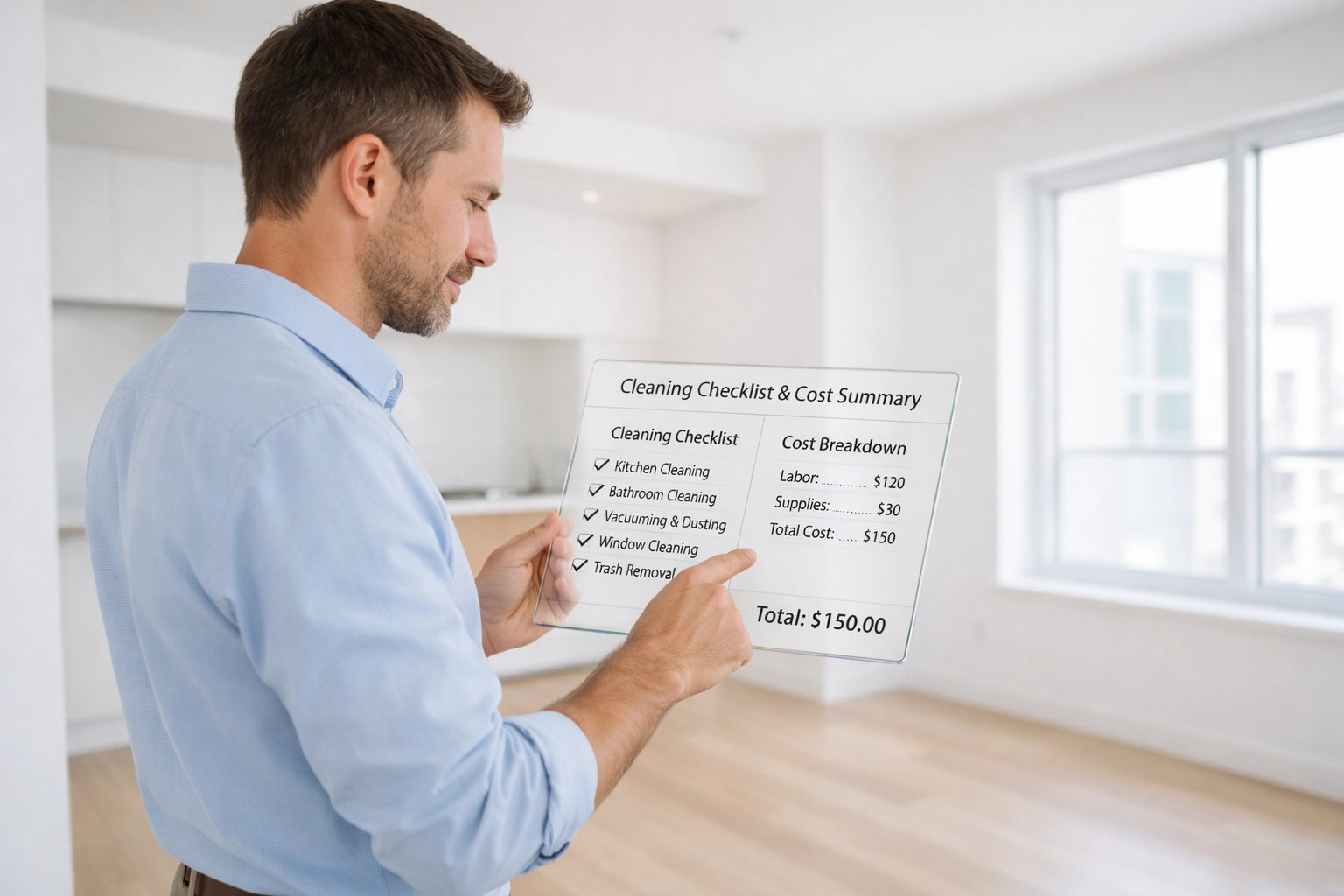 Property manager reviewing apartment turnover checklist and budget on tablet in empty unit
