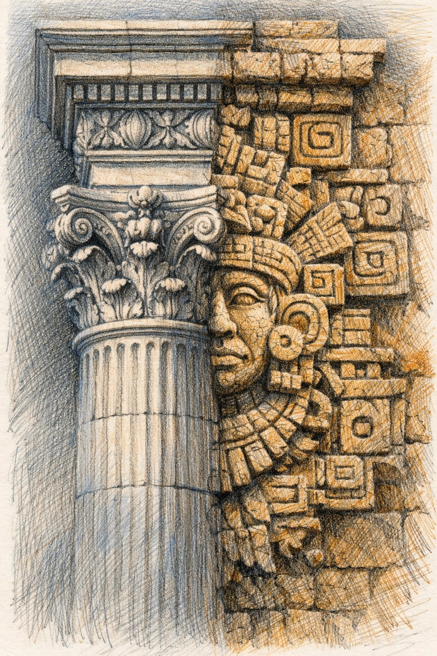 Architectural fusion of London limestone and Mayan stone representing boutique hotel design DNA.