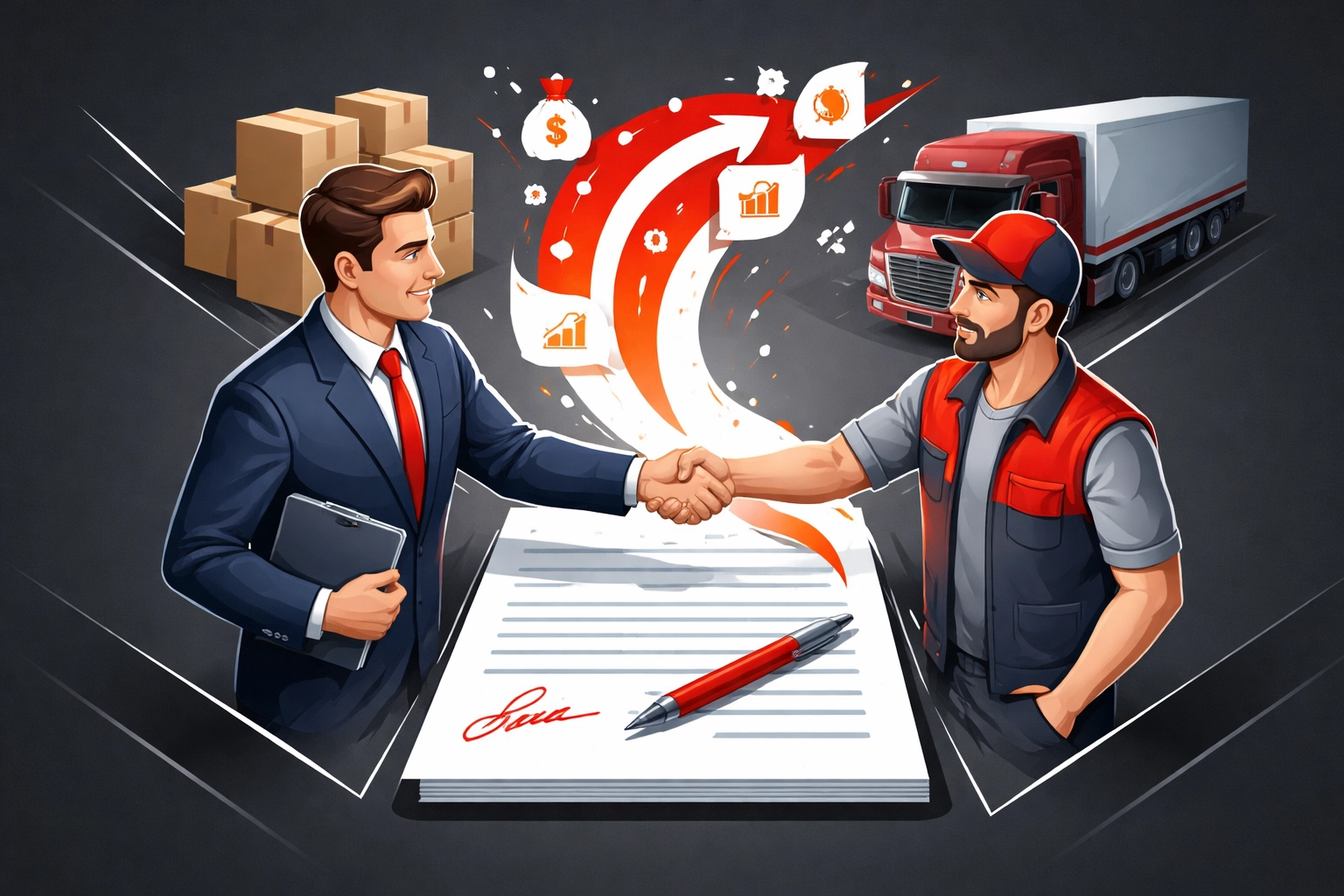 Shipper and carrier shaking hands over a contract, symbolizing successful freight partnership and strategy alignment.